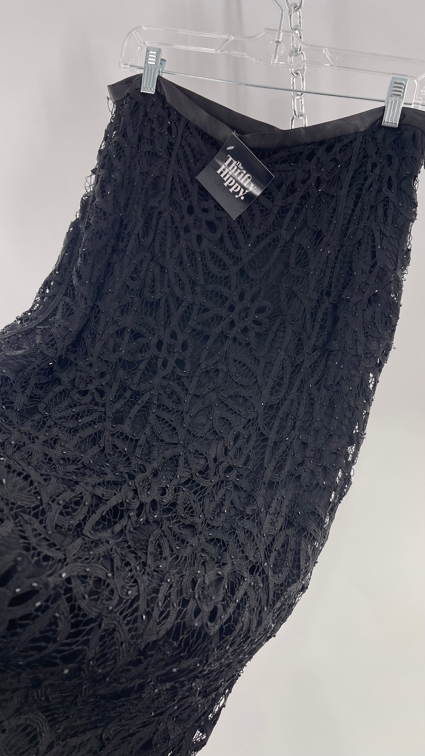 Vintage Black Beaded Lace Scalloped Edge and Satin Waistband Maxi Skirt (Large)