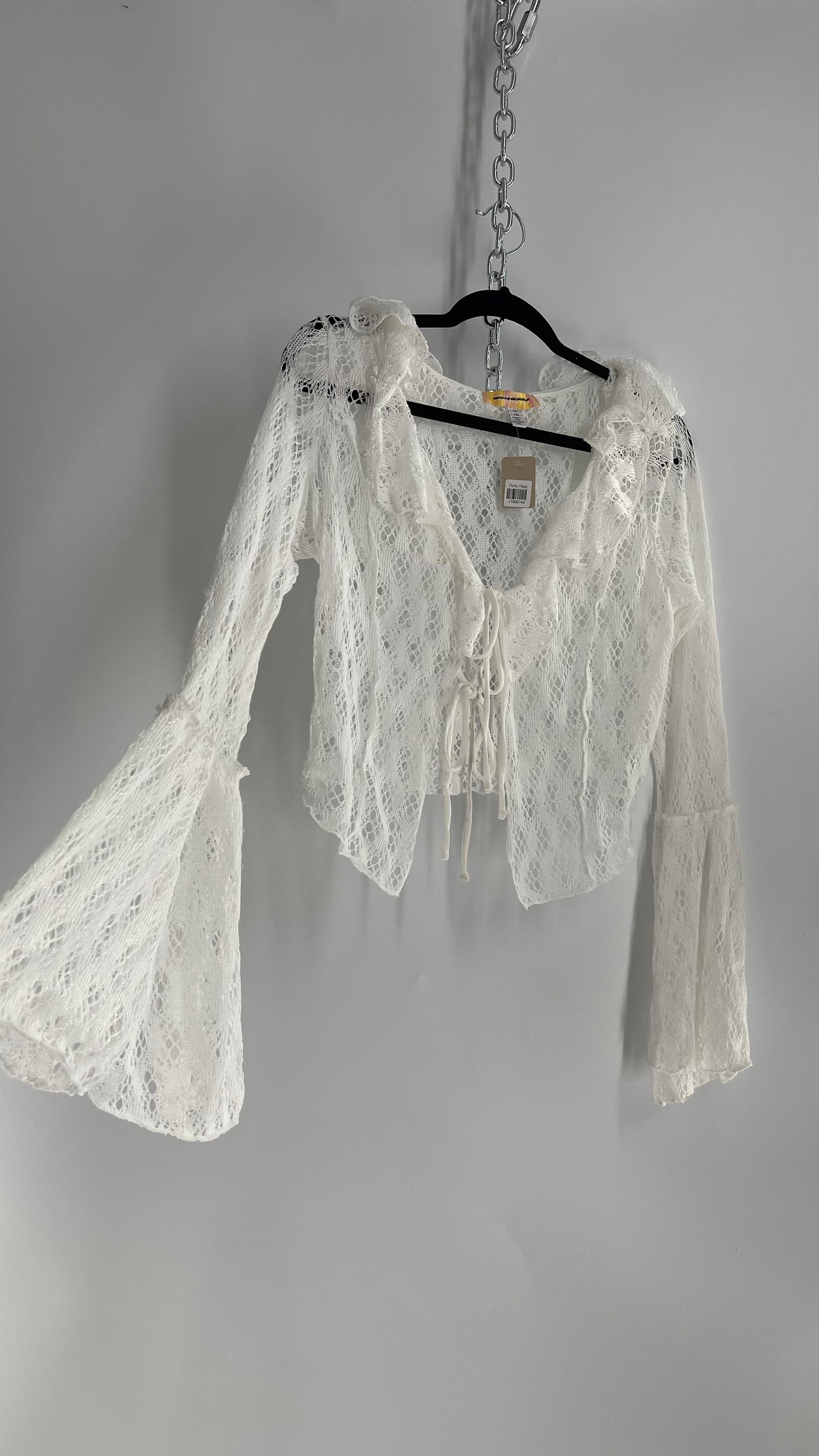 Urban Outfitters White Lace Bell Sleeve, Ruffled Neckline, Tie Bust Blouse (XL)