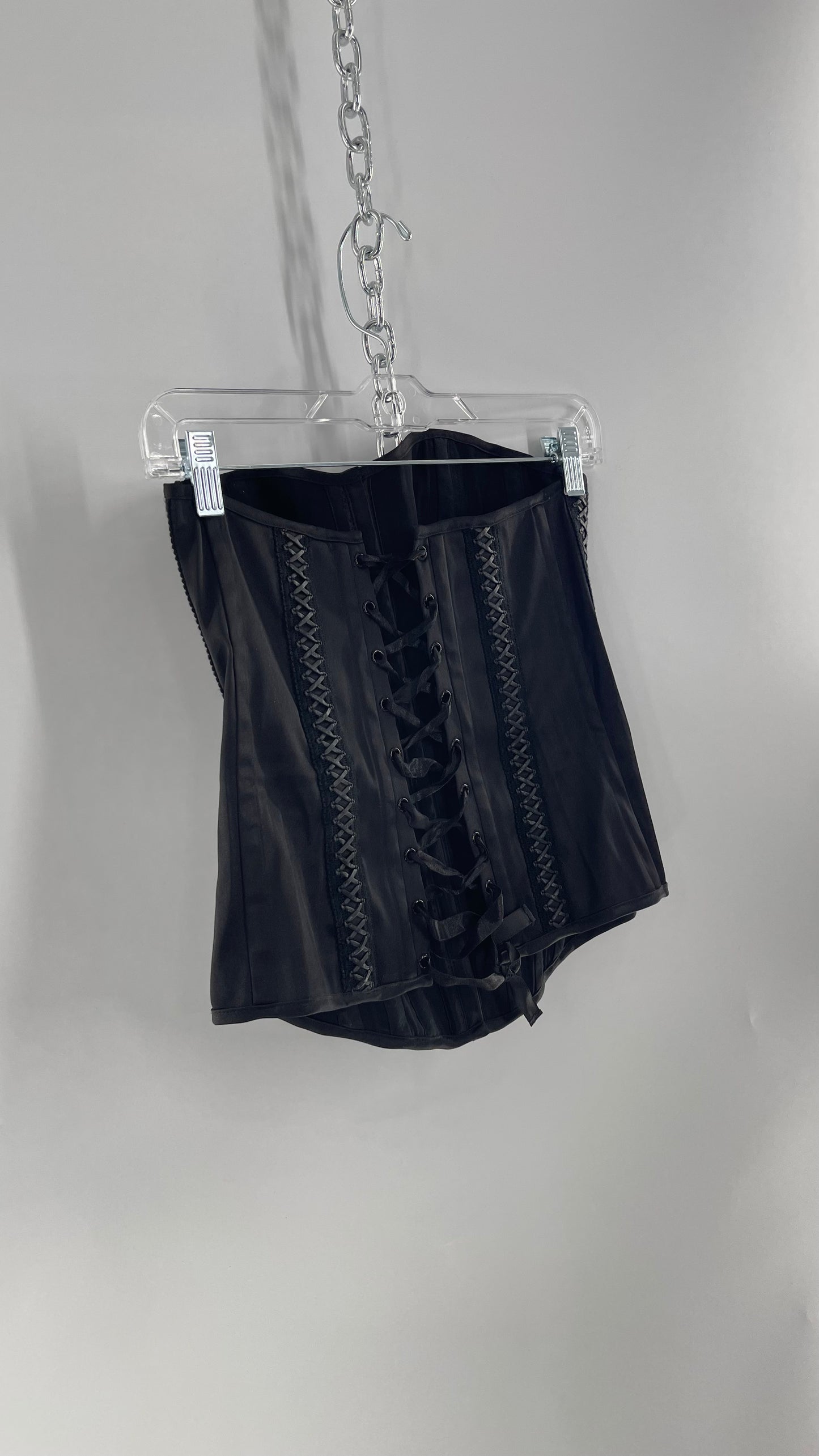 Vintage Charlotte Russe Black Boned Corset with Criss Cross Leather Details and Lace Up Back (Large)