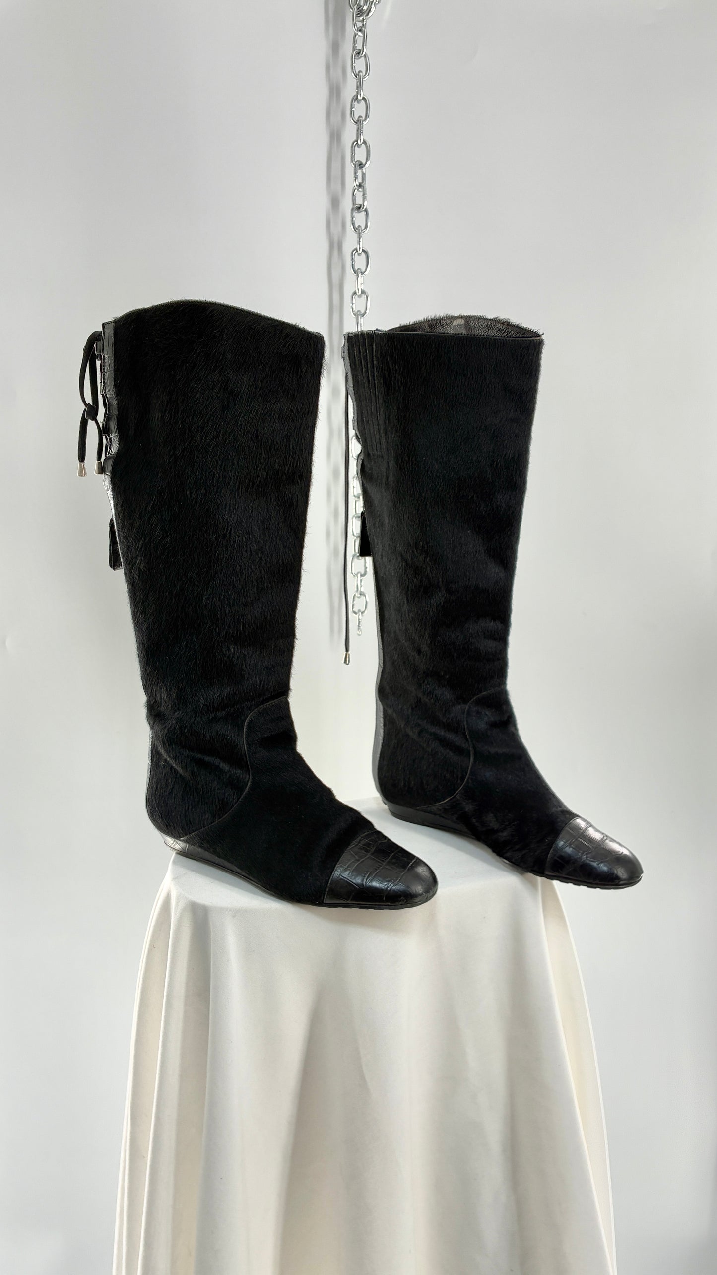 Vintage MIGLIORINI Black Genuine Calf Hair/Fur Boots with Heel, Made in Italy (7.5)