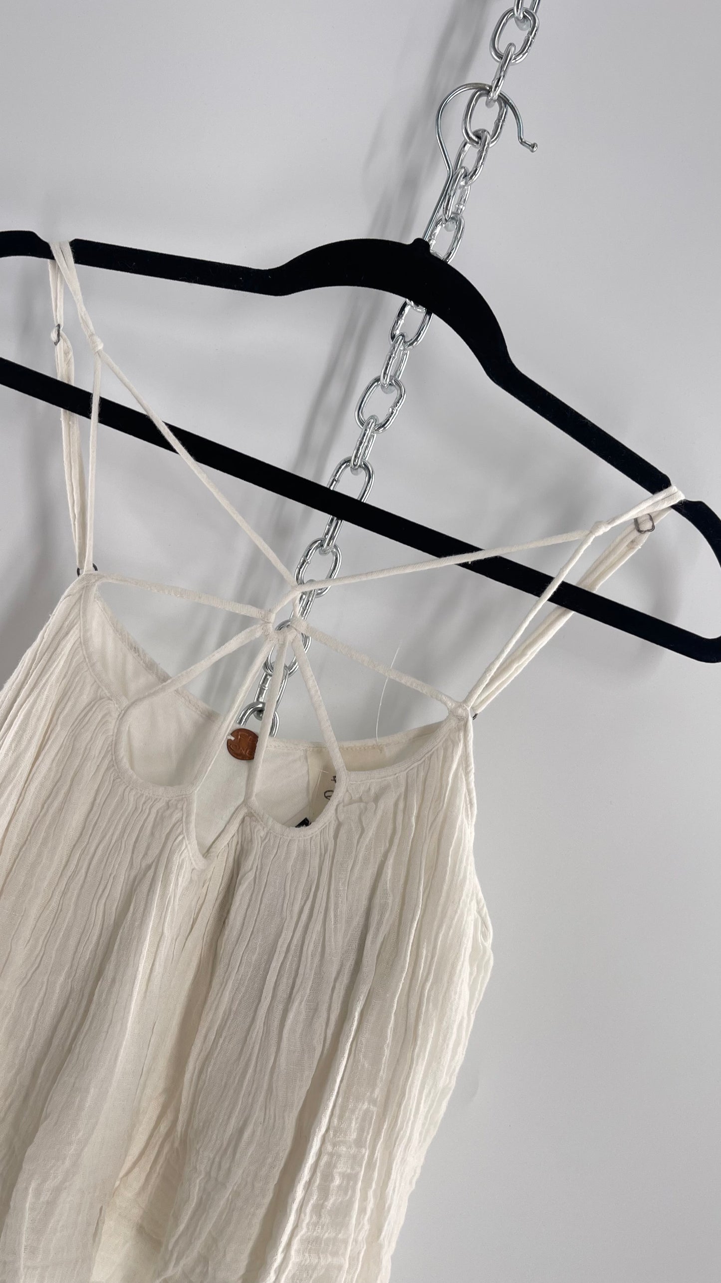 Free People White Cotton Bubble Sleeveless Blouse with Strappy Neckline (M)