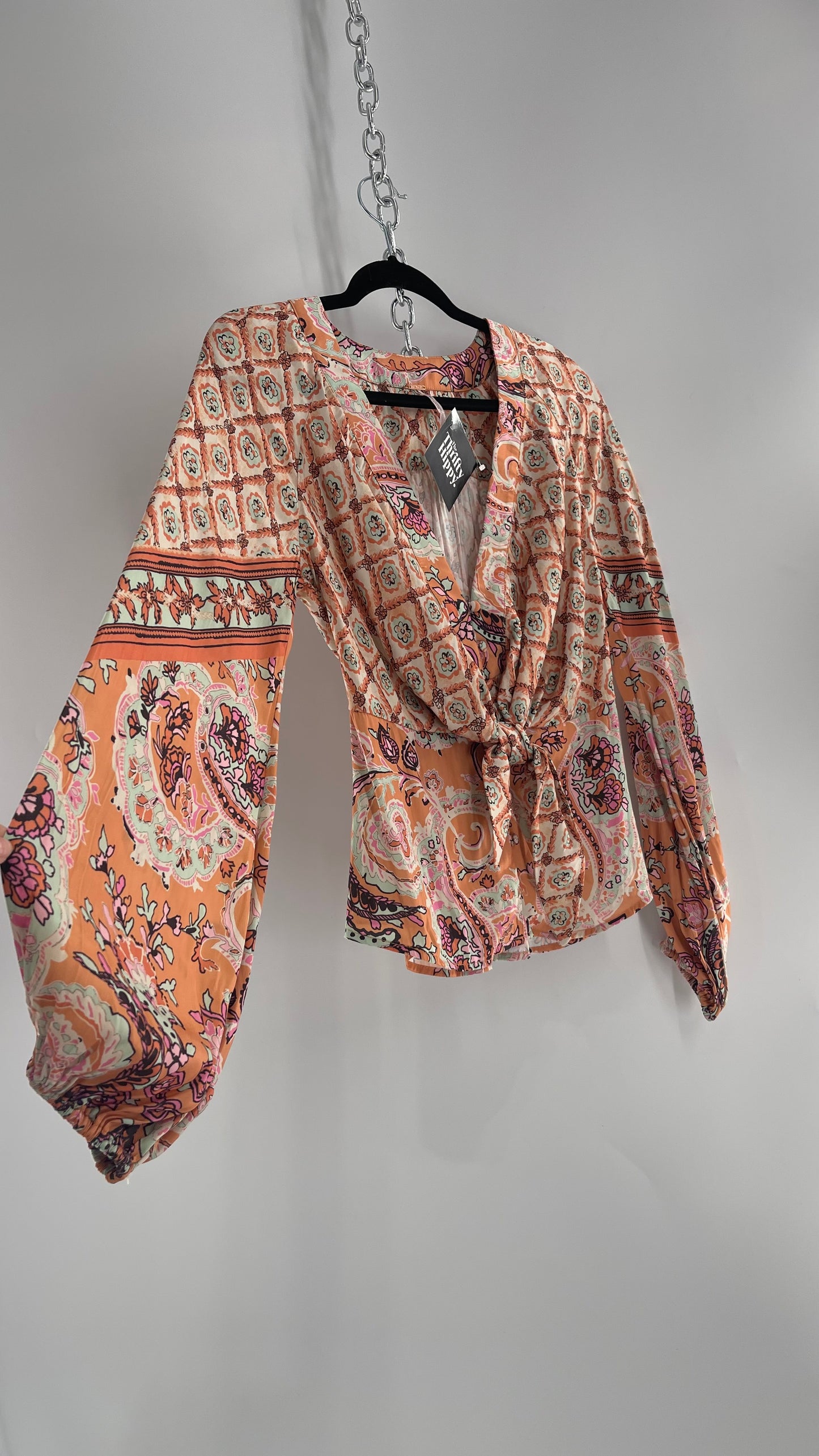 Free People Orange Pastels Paisley Blouse with Bust Tie and Balloon Sleeves (XS)