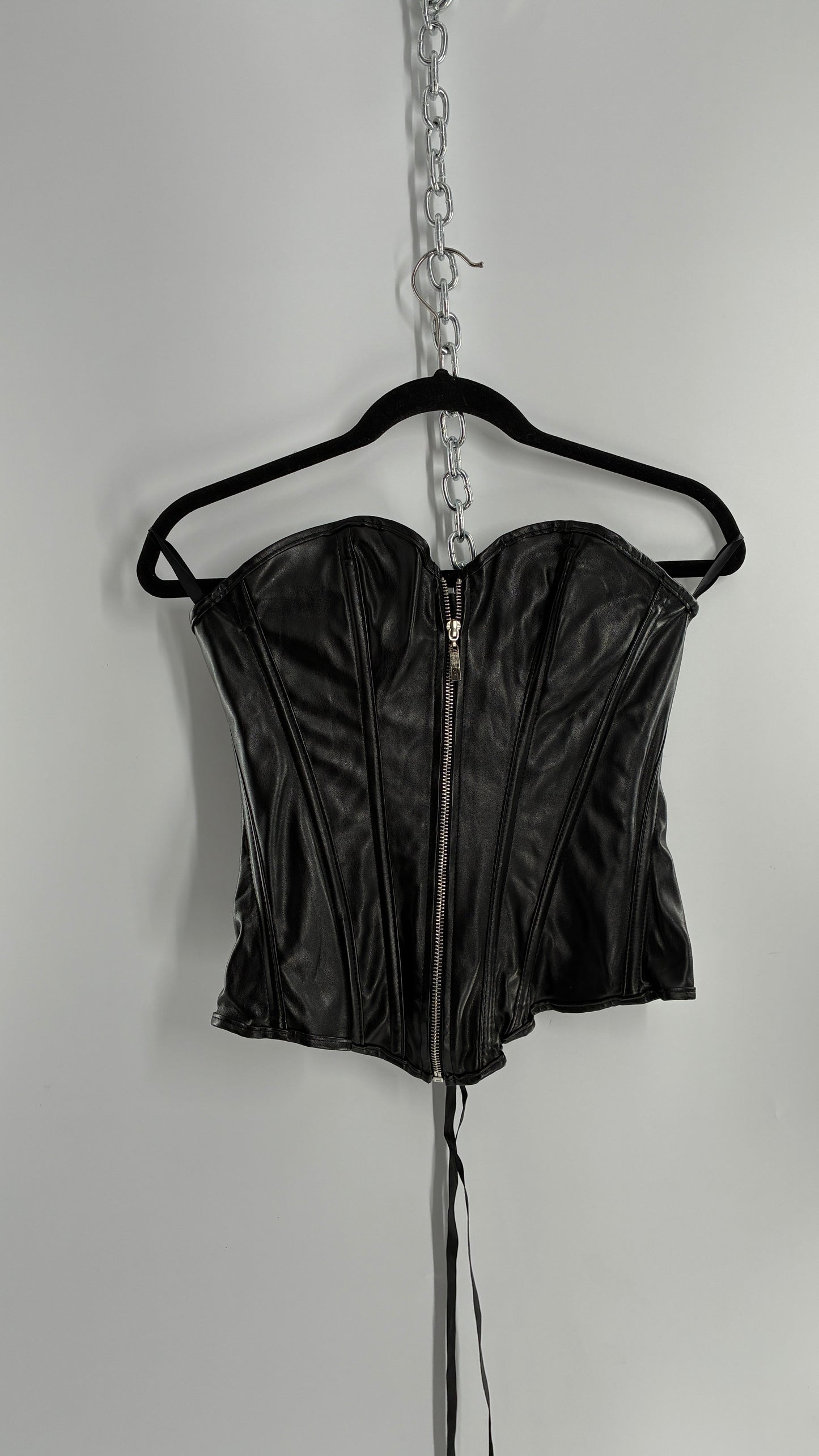 Black Vegan Leather Zip Front Corset (Medium)