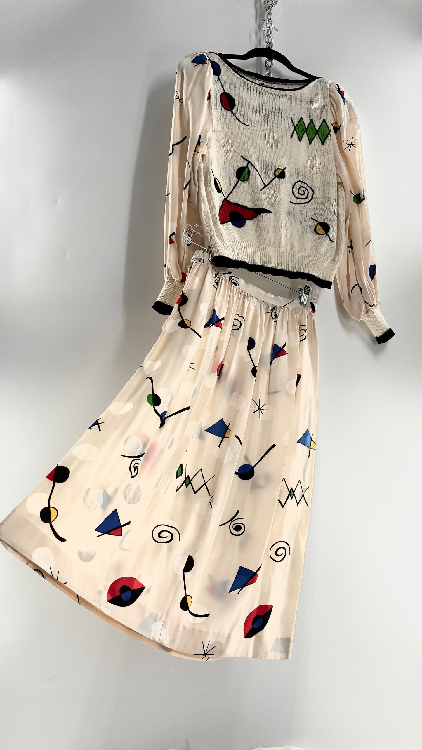 Vintage 1980s UMI collections by Anne Crimmins Off White 2 Piece Set with Abstract Embroidered Designs and 100% Silk Polka Dot Print Skirt (Medium Sweater, 8 Skirt)