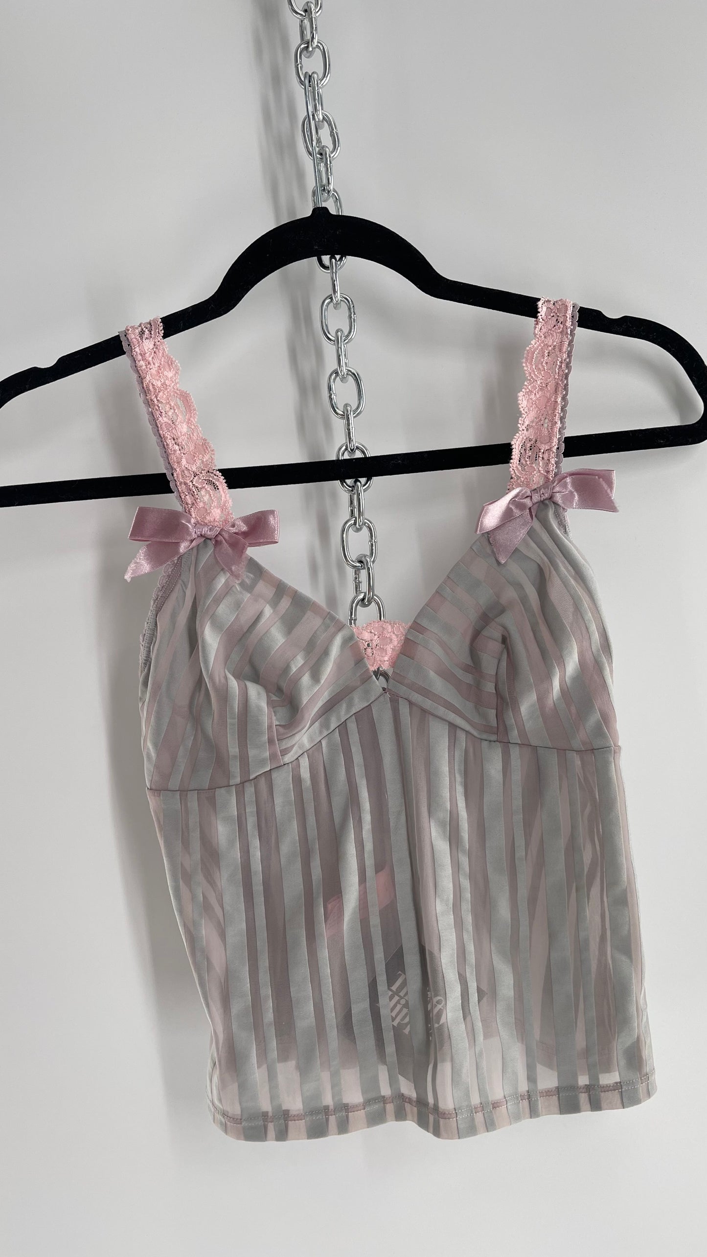 Sophie B Vintage Gray Sheer Striped Camisole Tank with Pink Lace, Bows and Ribbon (M)