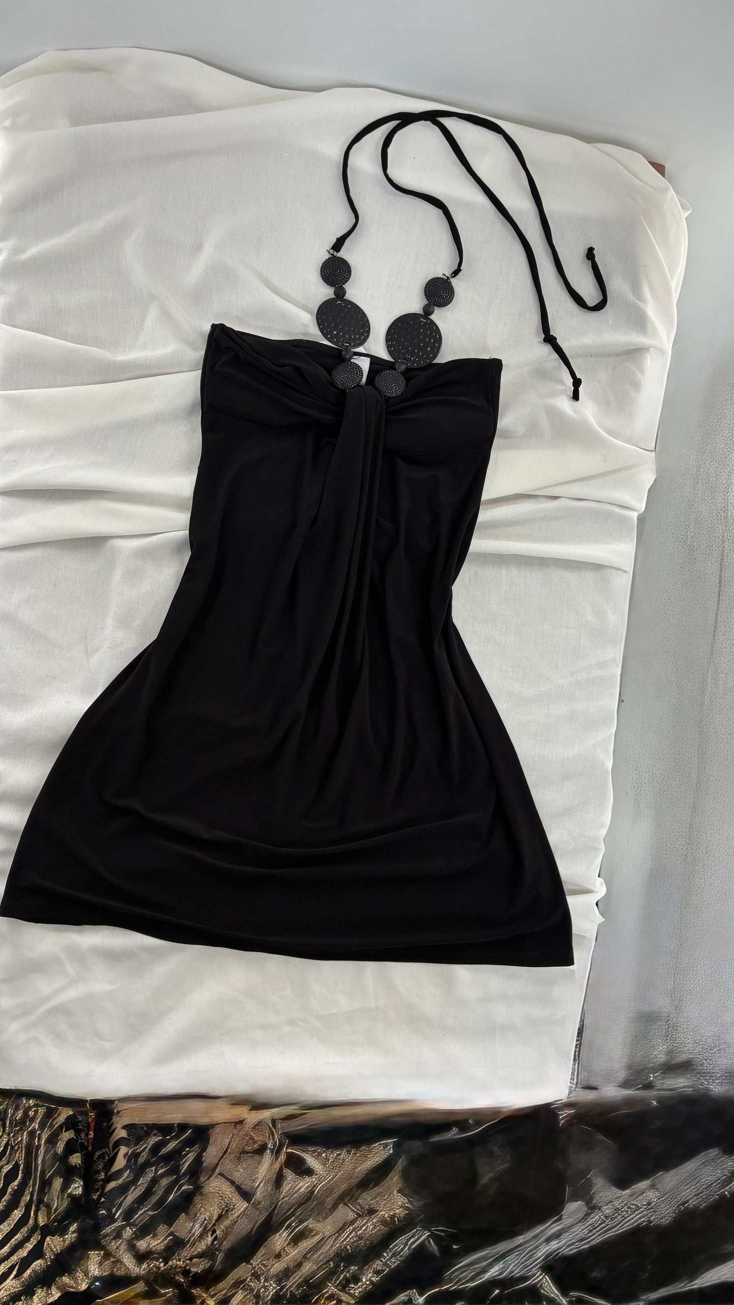 Vintage C.GRAFFITTI Black Mini Dress with Beaded Halter Detail (Small)