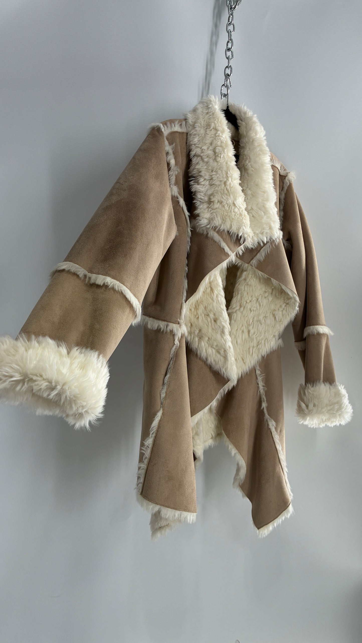 Fabulous Furs Vegan Suede Coat with Faux Fur Piping and Cuffs (Large)
