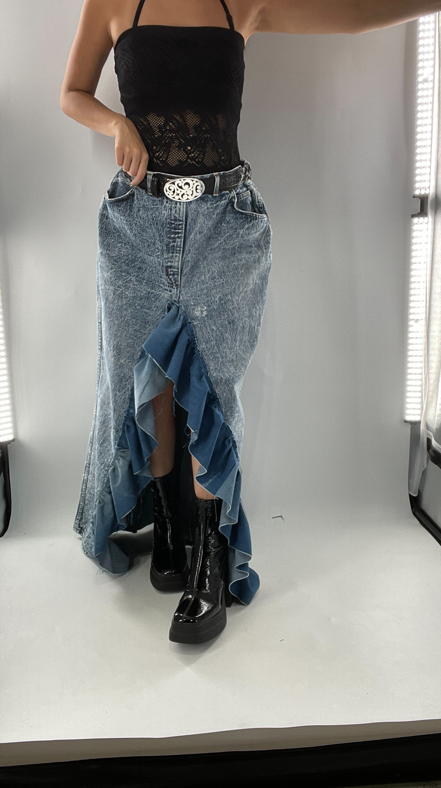 Custom Handmade Acid Wash Denim Slit Front Ruffled Skirt with Bow Bum (Large)