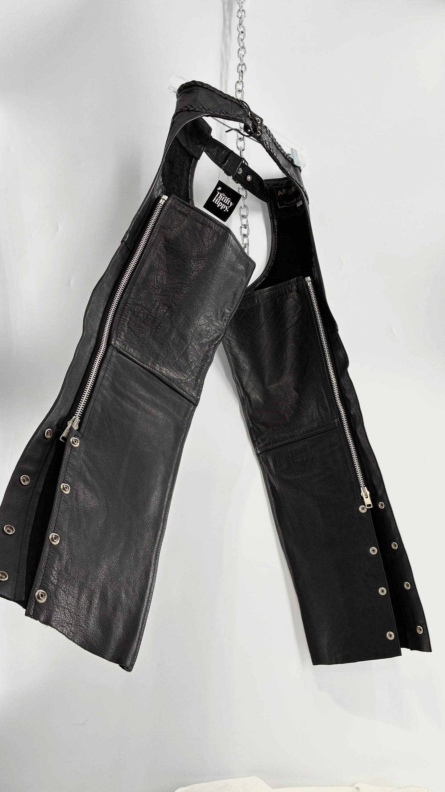 Vintage AMERICAN LEATHER Black Motorcycle Chaps/Pants with Mini Pocket, and Side Zipper Detailing (XS)