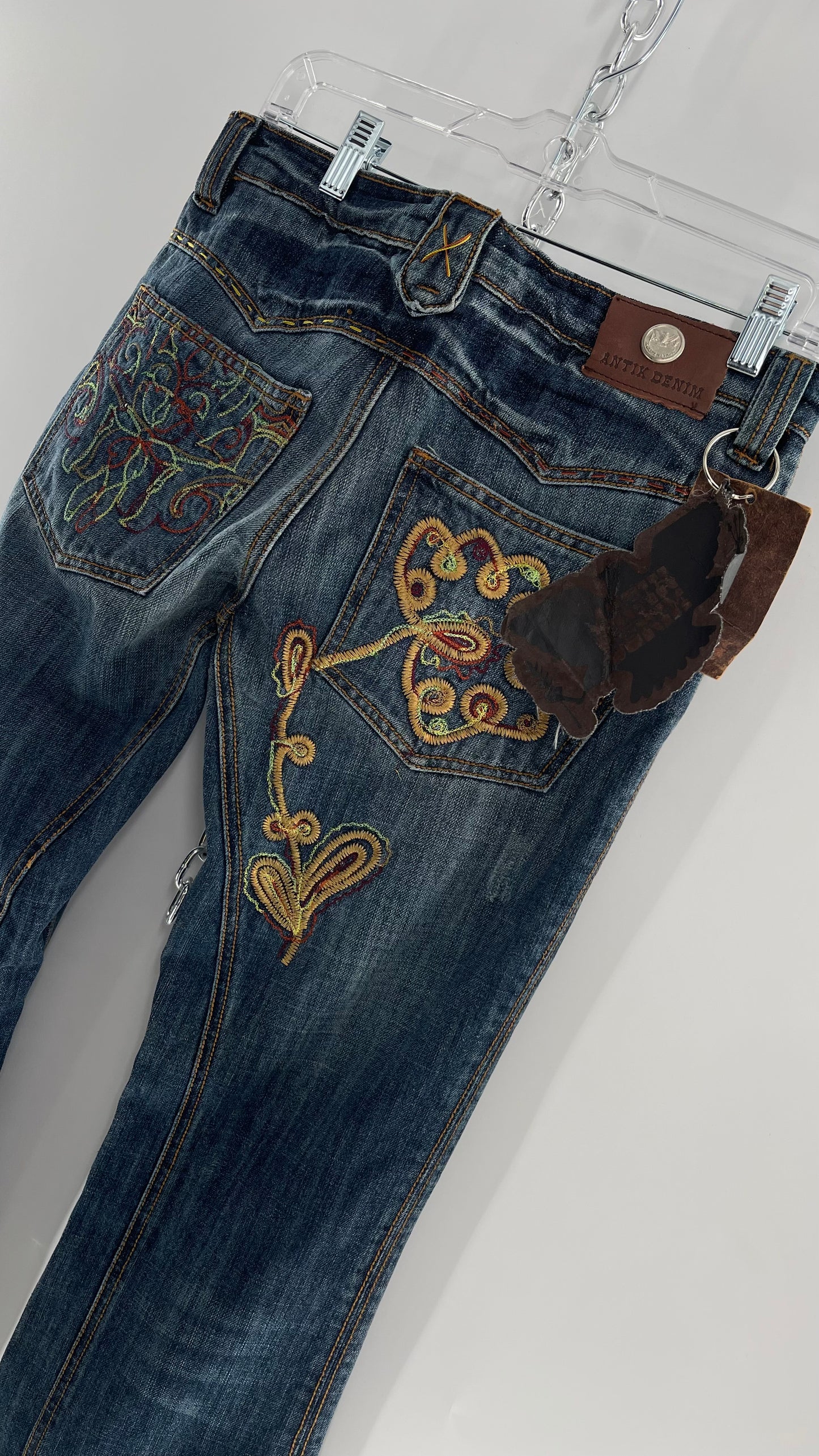 Vintage RARE Antik Denim Kick Flares with Embroidered Flower Design and Contrast Stitching (28)