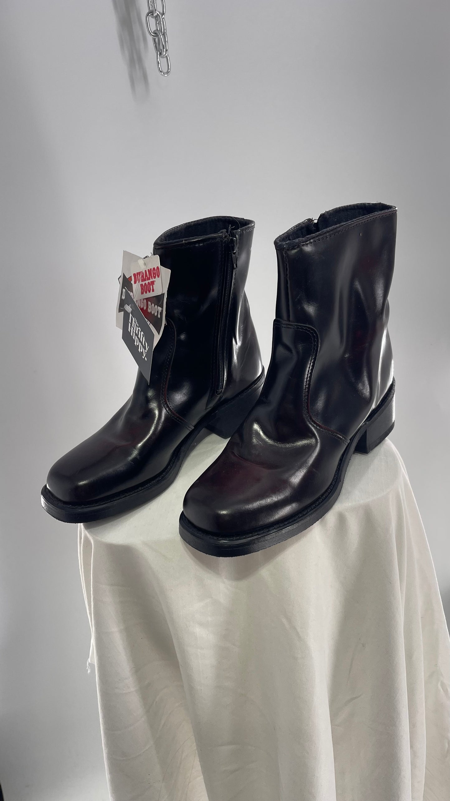 Vintage 1970s DURANGO Cherry/Deep Brown Patent Square Toe Men’s Boots Neoprene Oil Resistant (9)