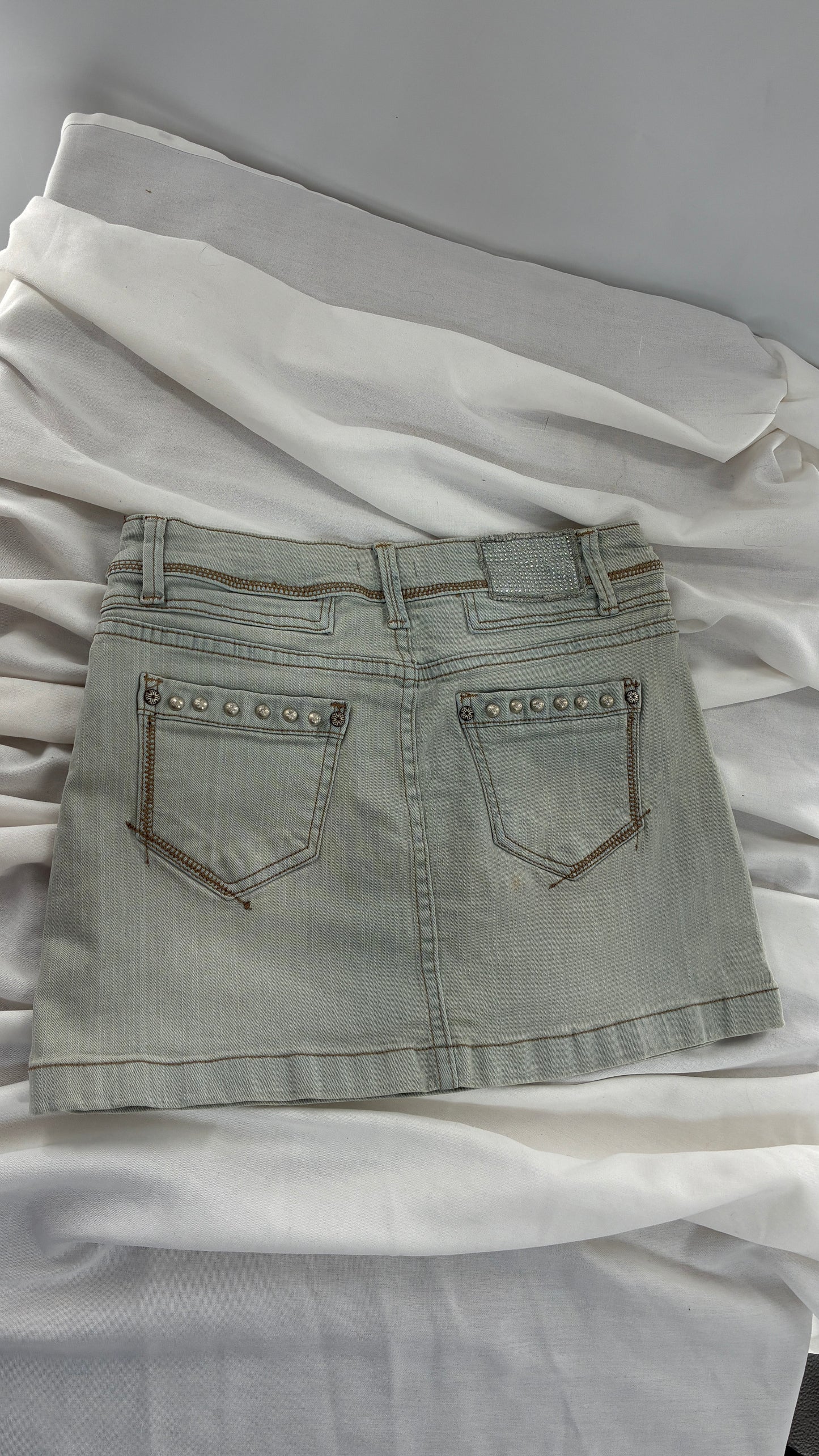 Deadstock Vintage Stylebook Light Denim Mini Skirt with Heavy Engraved Studs and Pleated Details (Small)