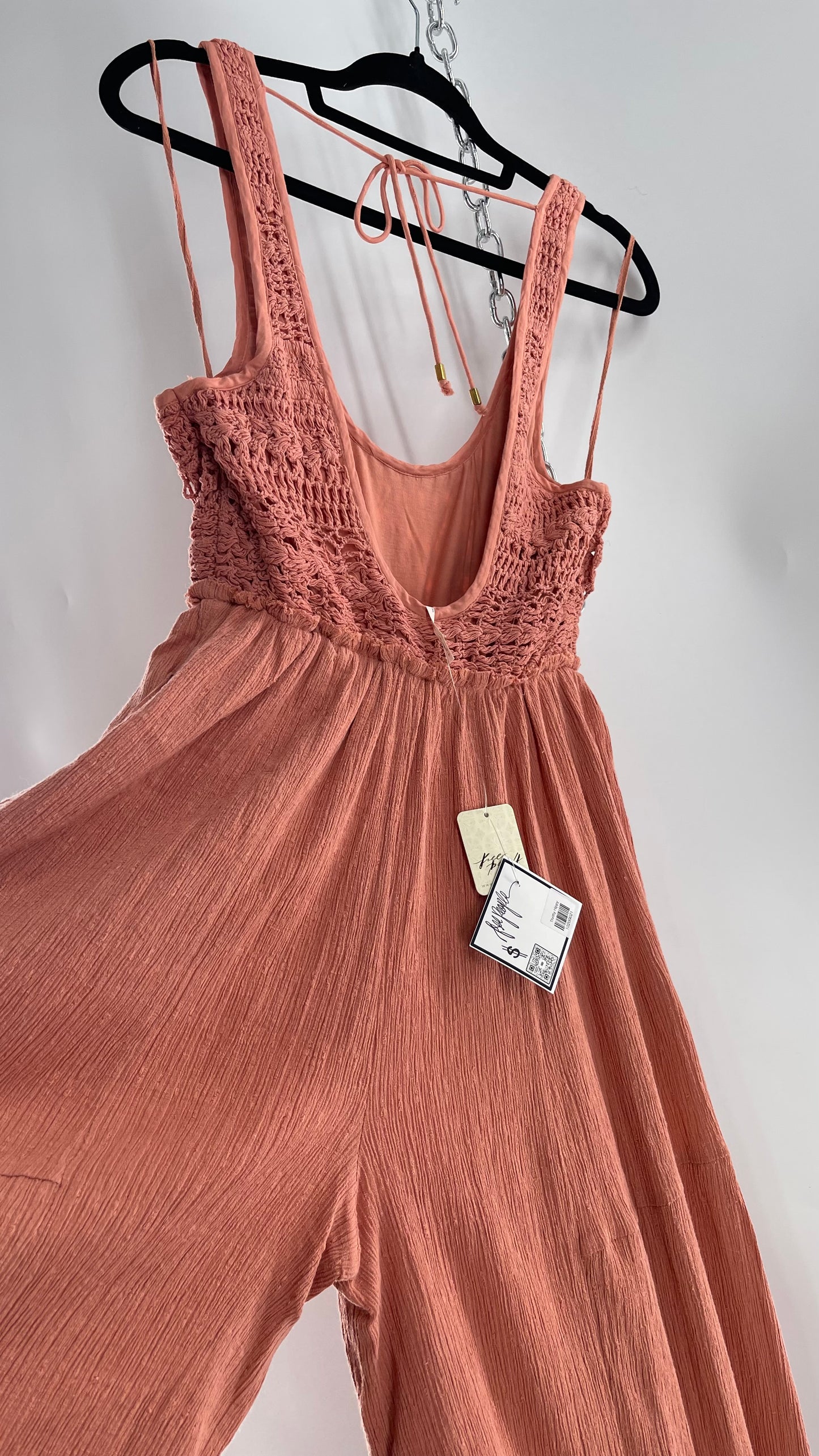 Free People Rose/Peach Pink Wide Leg Jumpsuit with Crochet Bust and Tags Attached (XS)