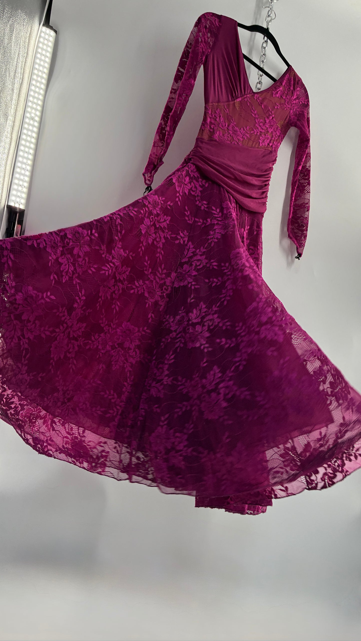 Vintage Fuchsia Flamenco, Lace and Mesh Paneled Gown with Gloved Hand Detail (Small)