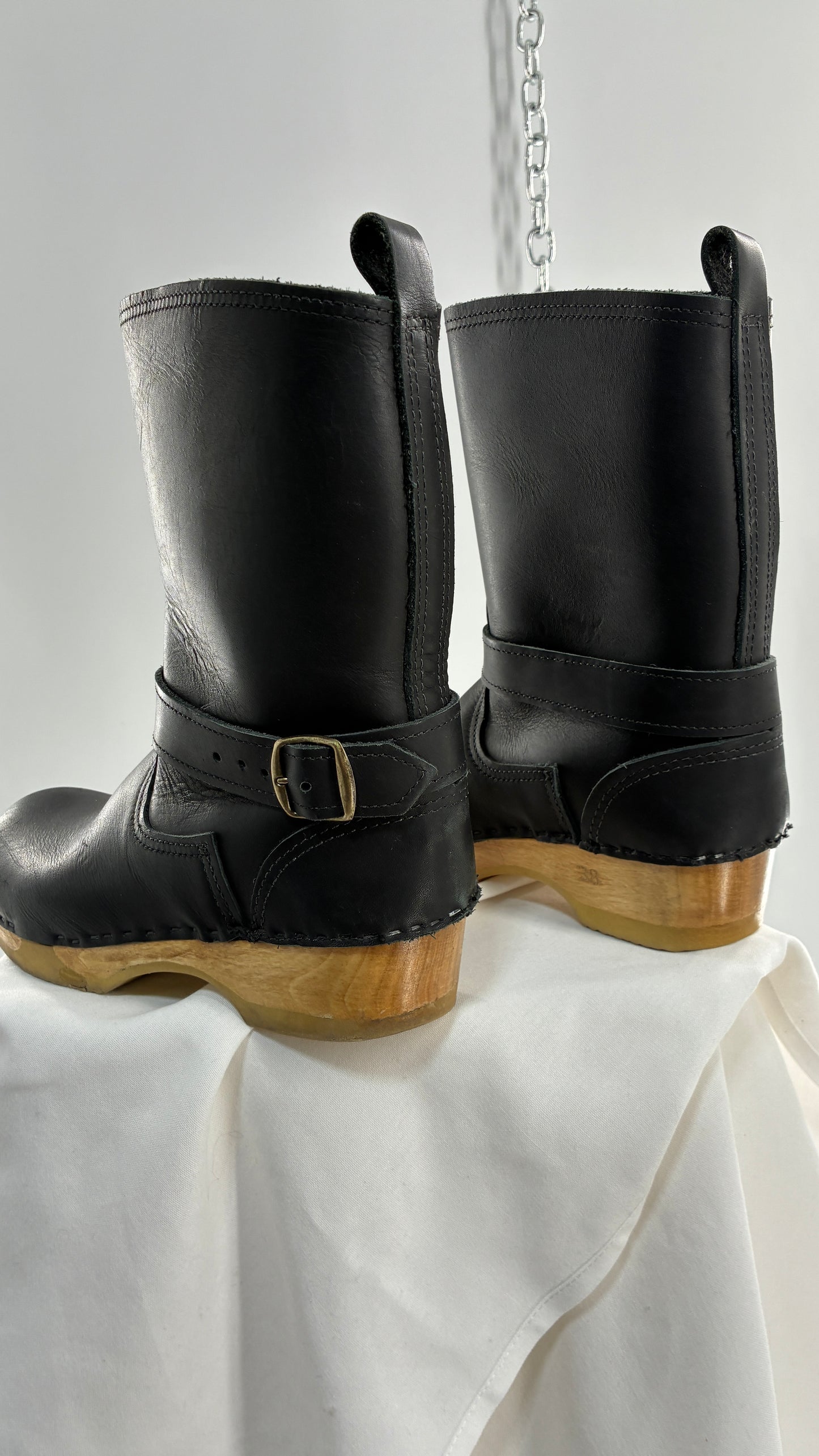 Vintage SVEN Swedish Thick Leather Black Clog Boots with Wooden Sole (38)