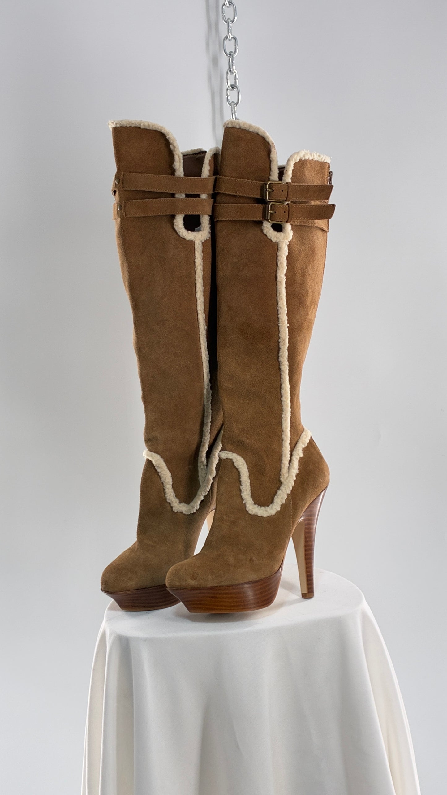 Vintage BEBE Genuine Suede Leather Stiletto, Platform Knee High Boots with Shearling Piping (8B)