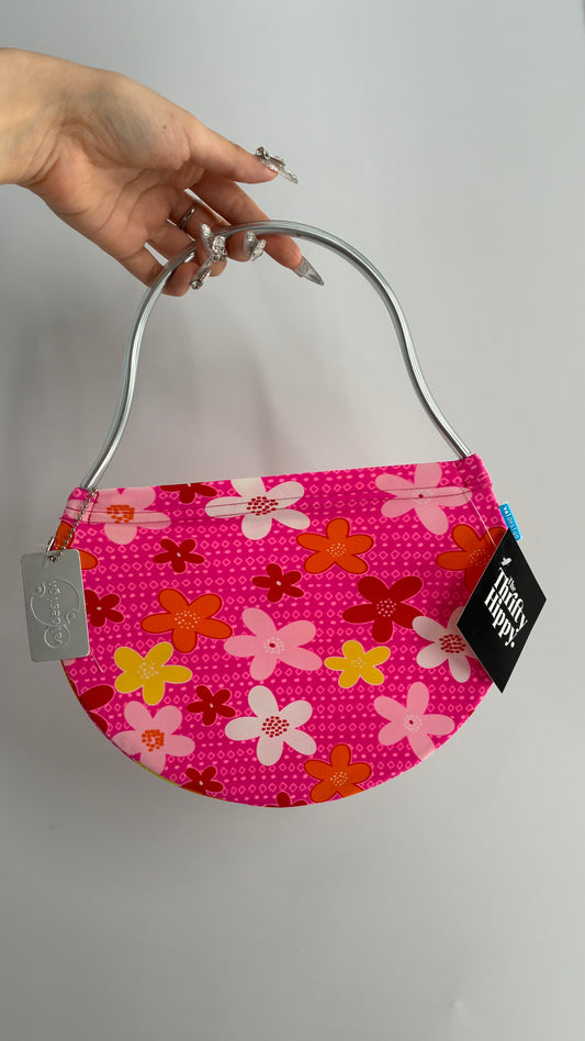VALDESIGN Half Circle Pink Floral 2D Hand Bag with Metal Abstract Handbag