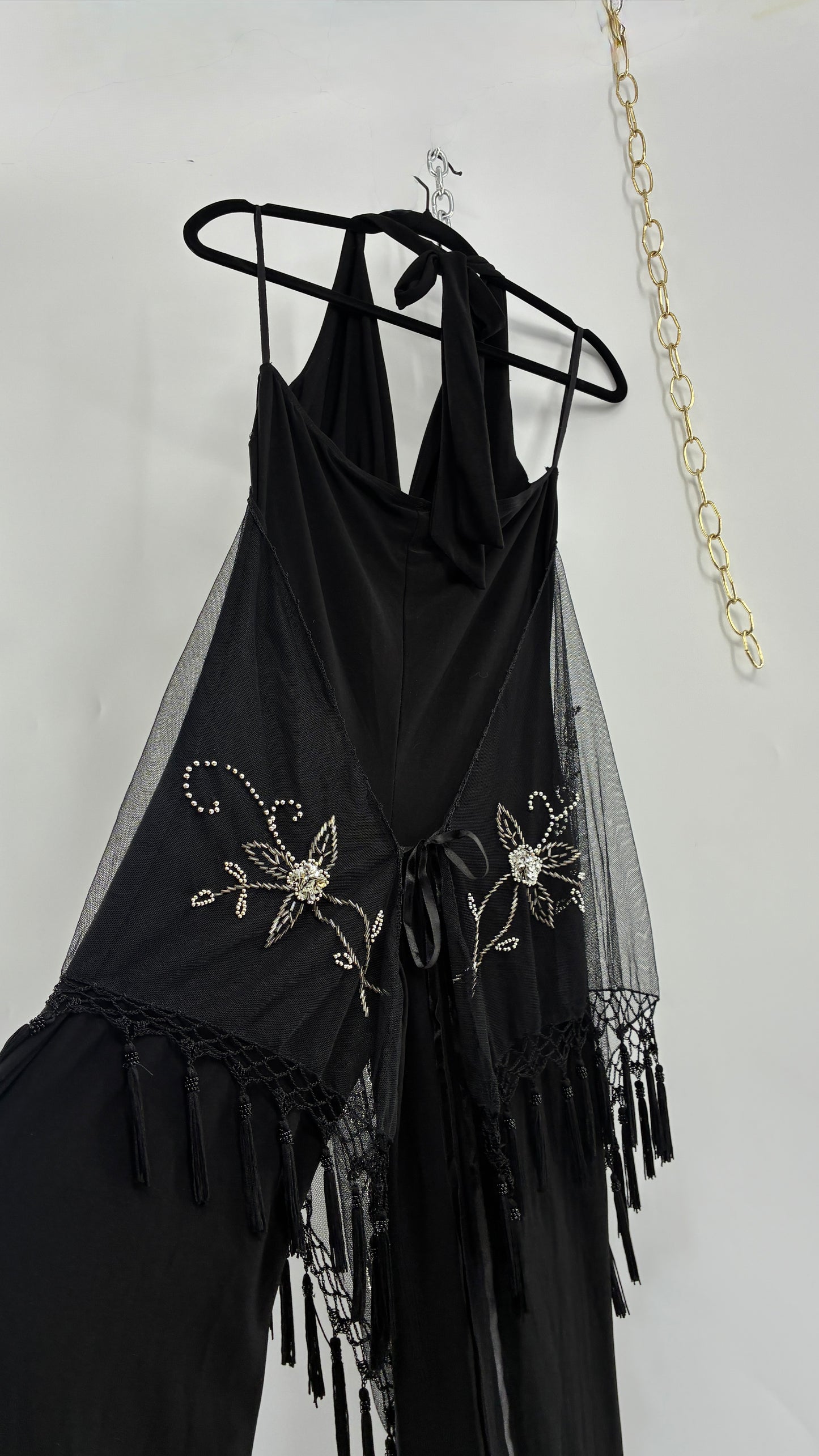 Vintage JANICE Black Jumpsuit with Fringe Embroidered Waist Detail (Large)