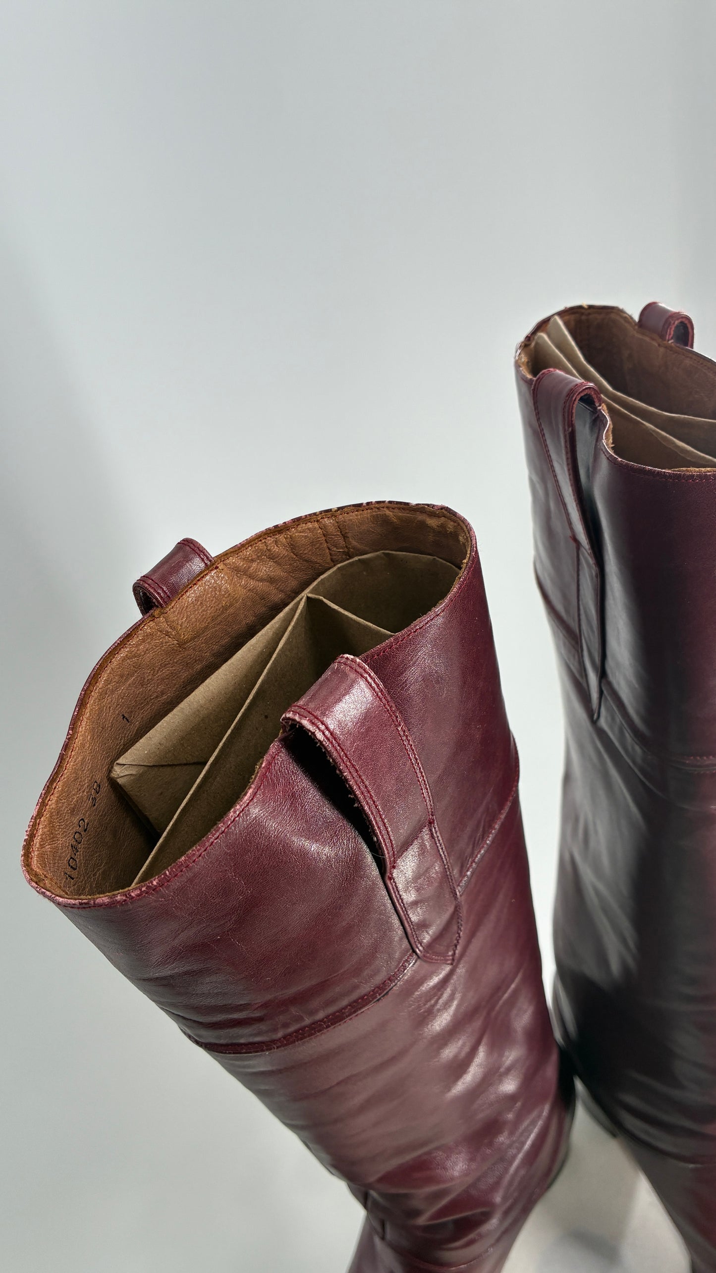 Vintage Red Leather Round Toe Knee High Boots Made in Spain Boots (38)