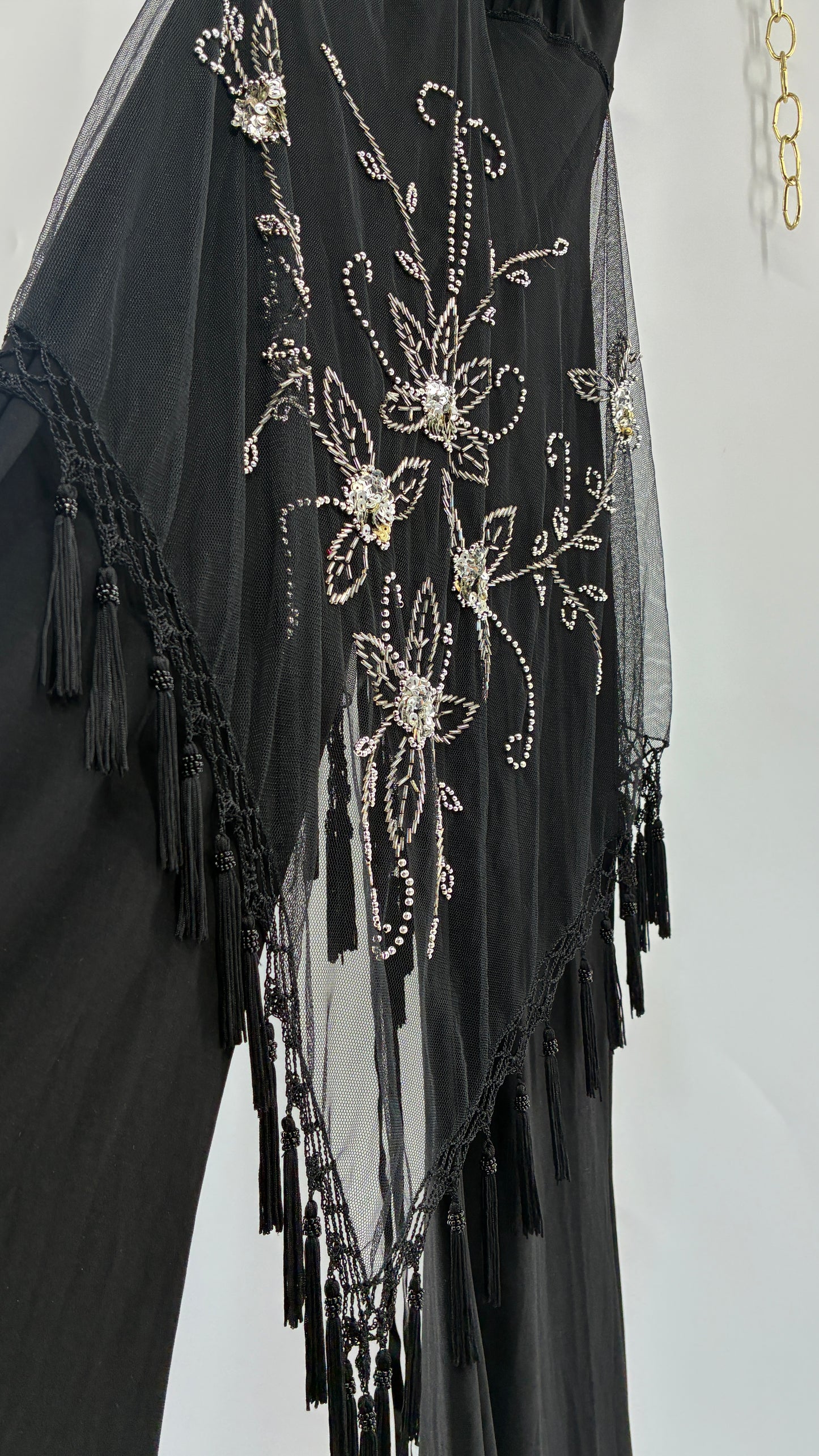 Vintage JANICE Black Jumpsuit with Fringe Embroidered Waist Detail (Large)
