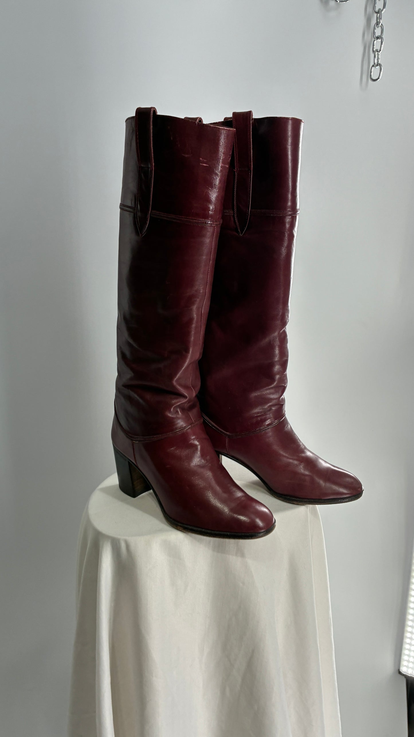 Vintage Red Leather Round Toe Knee High Boots Made in Spain Boots (38)