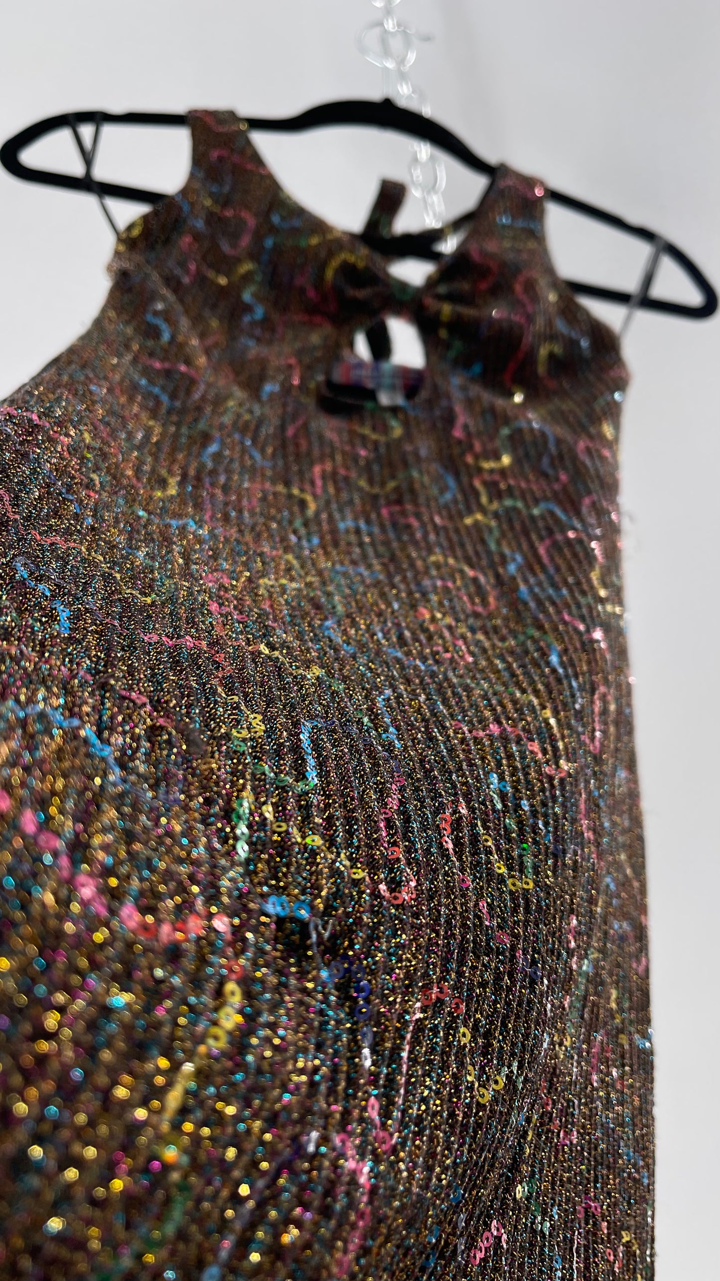 Urban Outfitters Gold Tinsel Rainbow Sequin Halter Mini (XS)