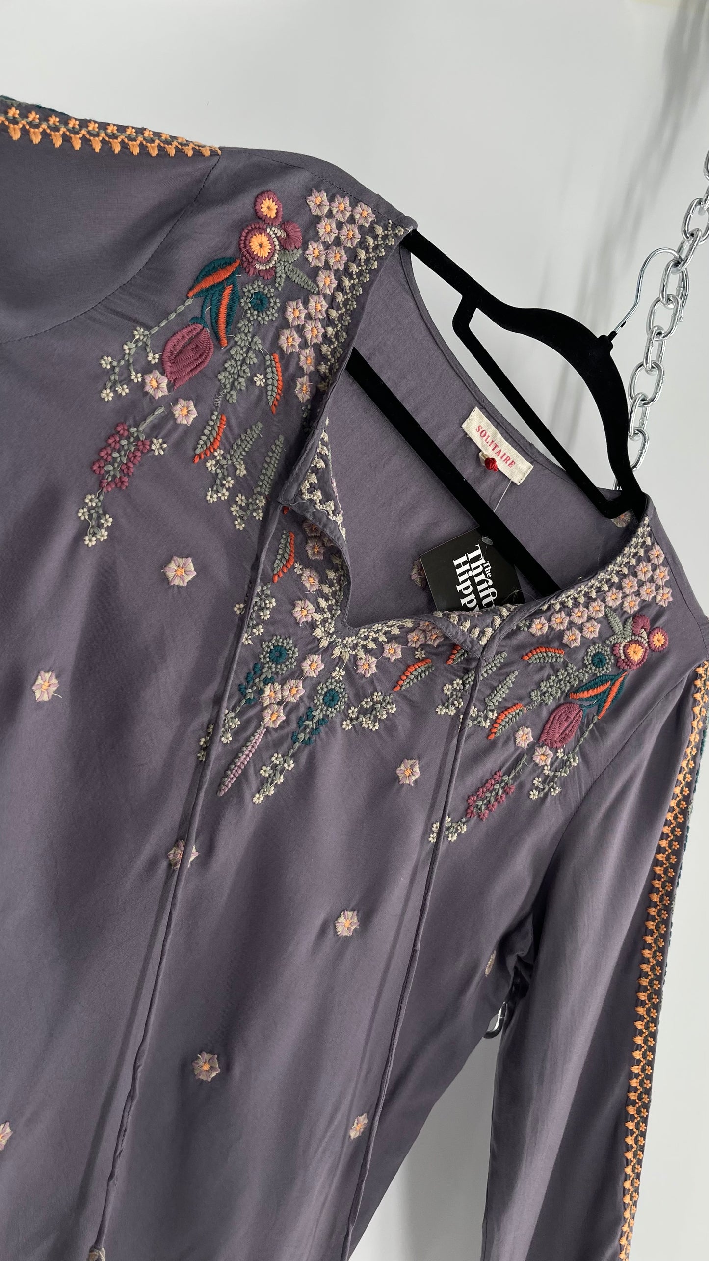 Anthropologie Solitaire Dusty Gray/Purple Embroidered Tunic Blouse (Medium)