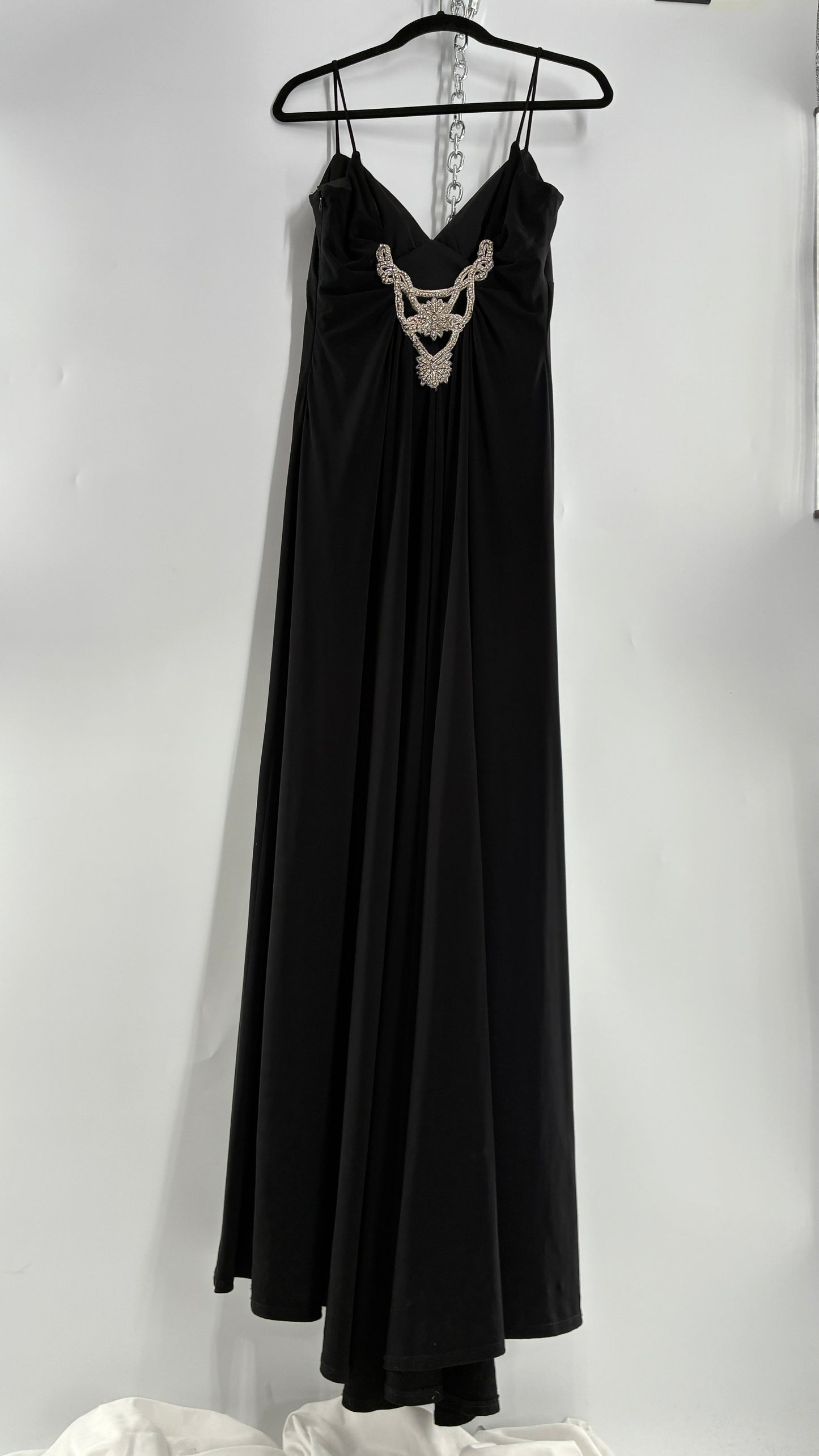 Vintage JS COLLECTION Black Full Length Gown with Jeweled Appliqué and Pleated Back (12)