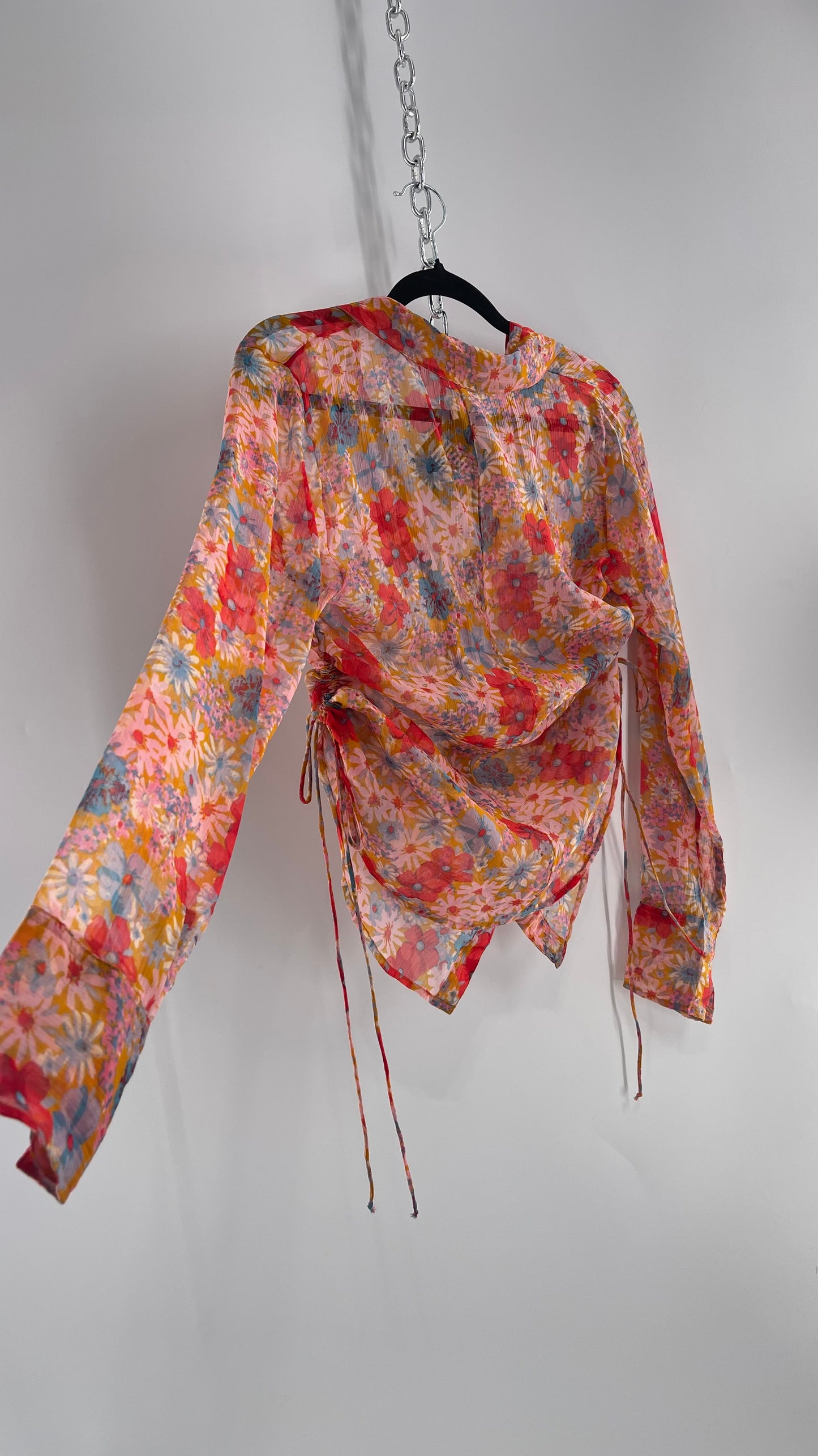 Free People Sheer Orange Floral Button Up with Ruched Sides (XS)