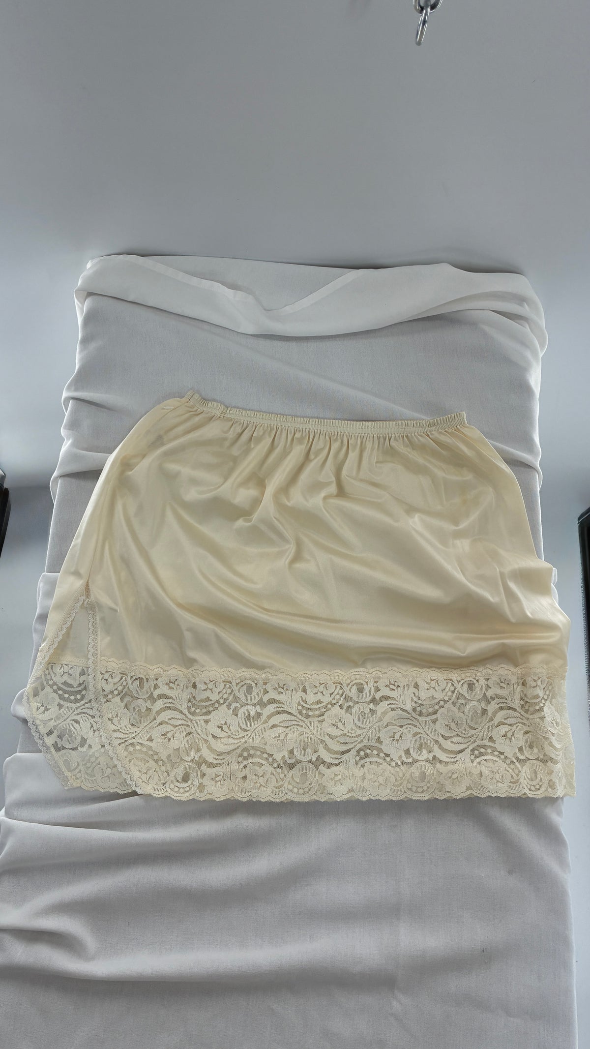 Vintage Vanity Fair Ivory Mini Slip Skirt with Slit and Wide Lace Trim (Medium)