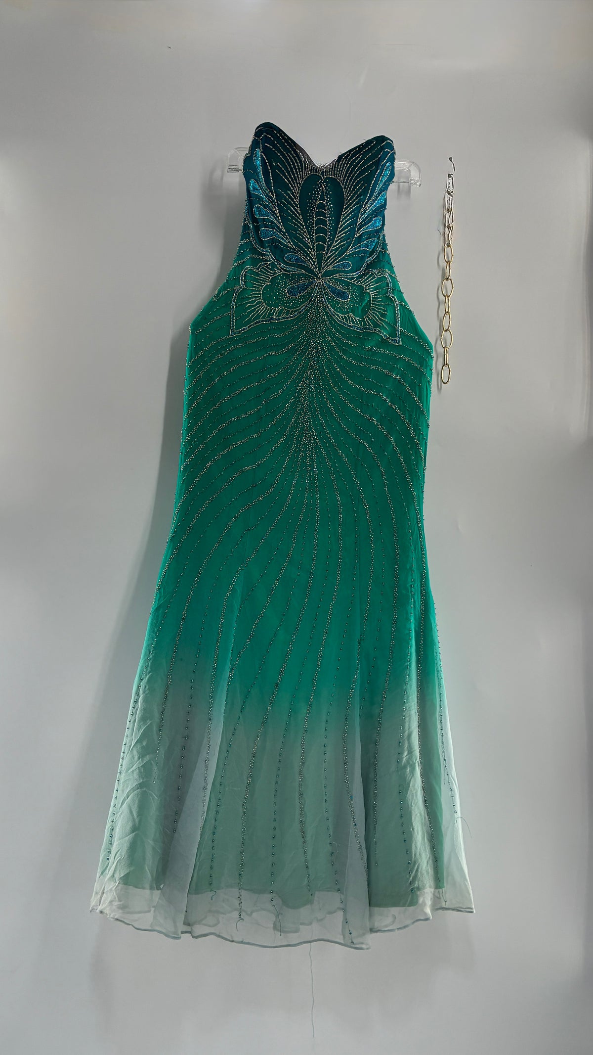Vintage 1990s STUDIO17 100% Fully Beaded Silk Aquamarine Butterfly Dress (8)