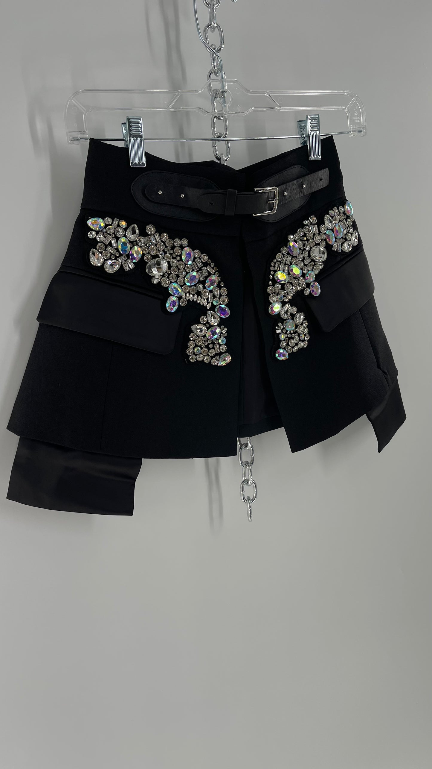 Black Skirt Belt Covered in Crystal Embellishments with Satin Flap Pockets (Medium)