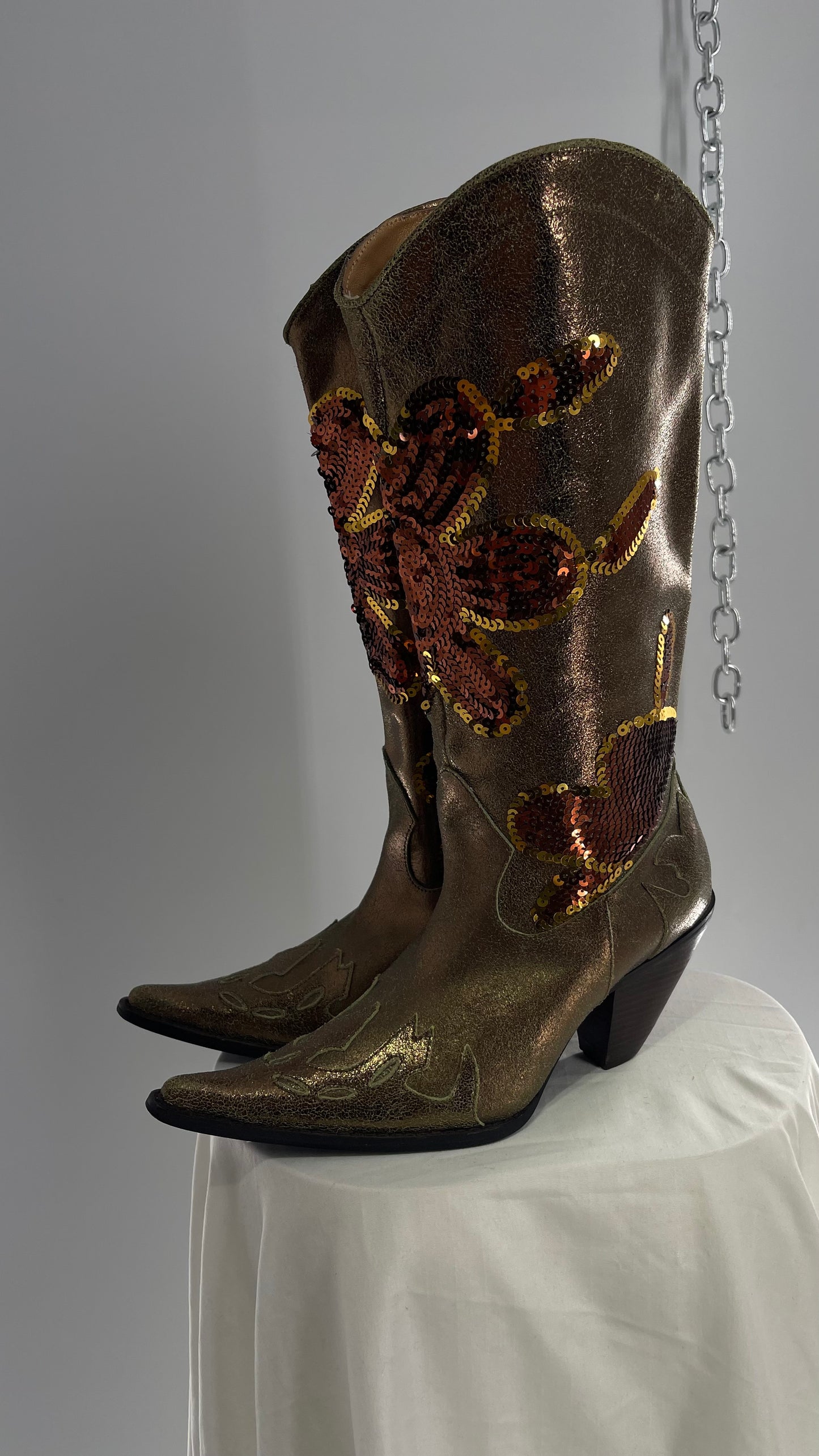 RARE Vintage Foot Candy Sage Green/Bronze Leather Cowboy Boots with Sequin Flowers and Flame Details (6.5)