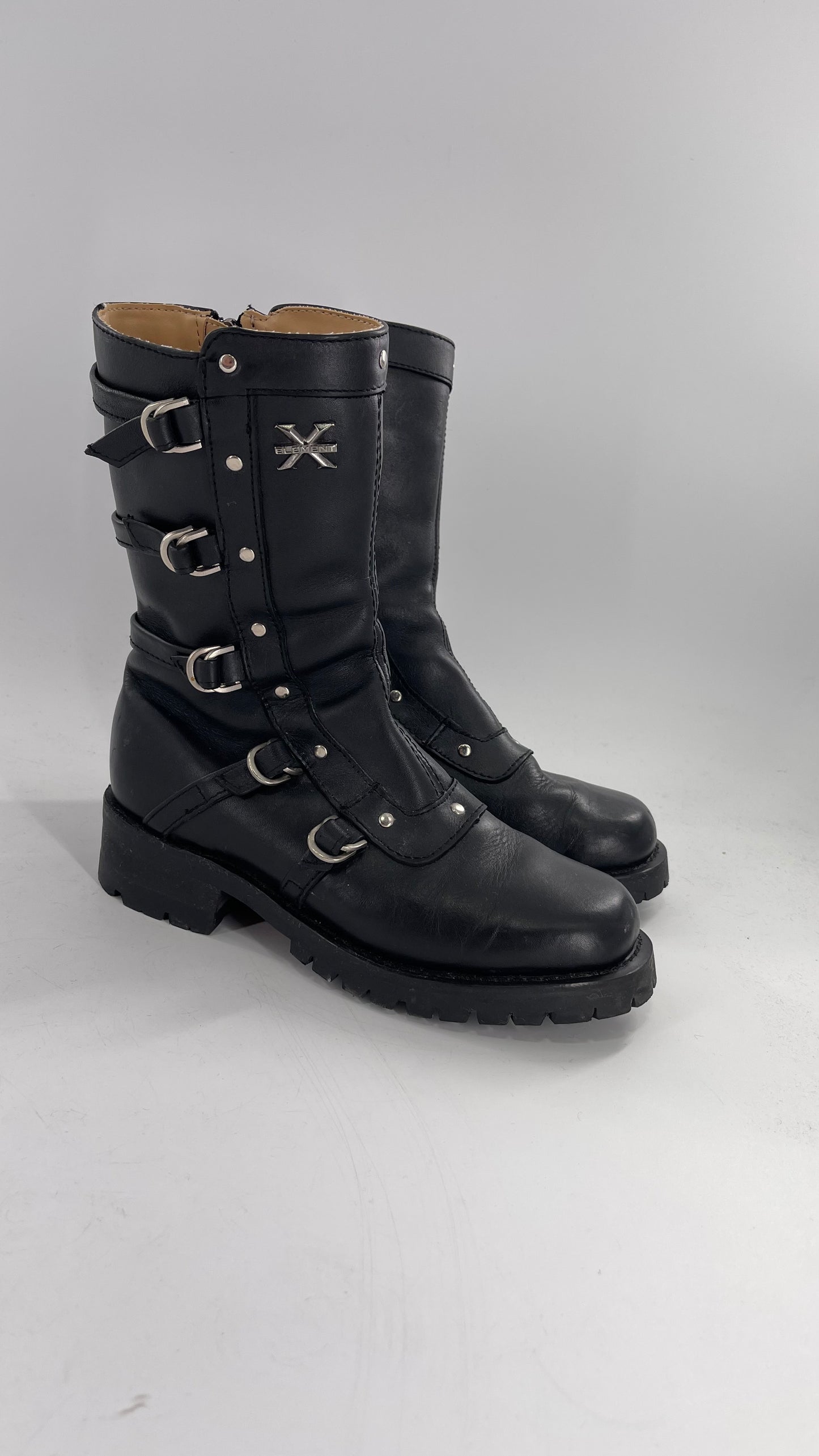 Vintage 1990s XELEMENT Buckle Side Genuine Leather Steam Punk Boots (Women’s 8.5)