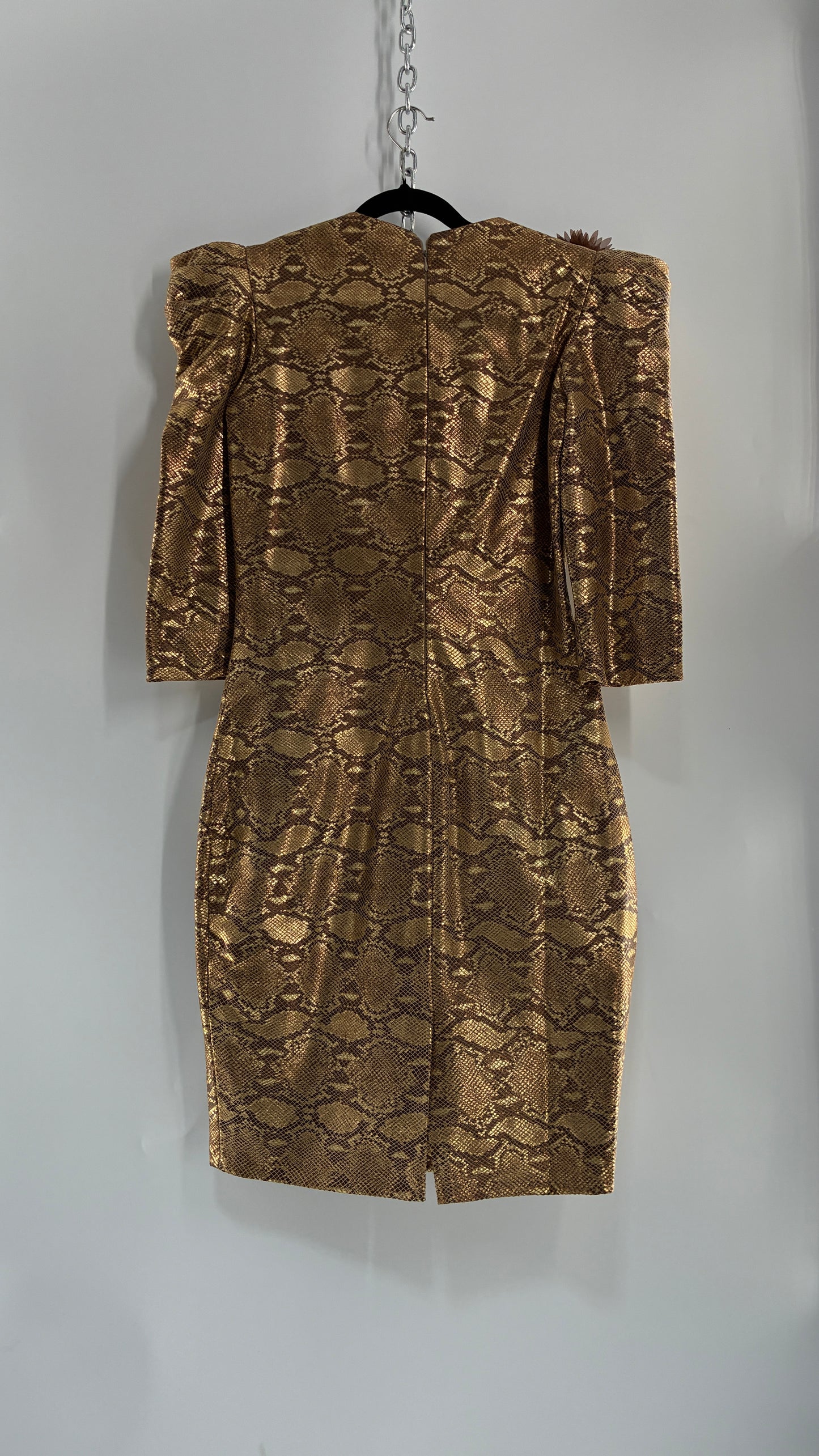 Vintage 1980s Handmade Genuine Leather Snakeskin Bronze Midi Dress with Floral Appliqués (Medium, See Measurements)