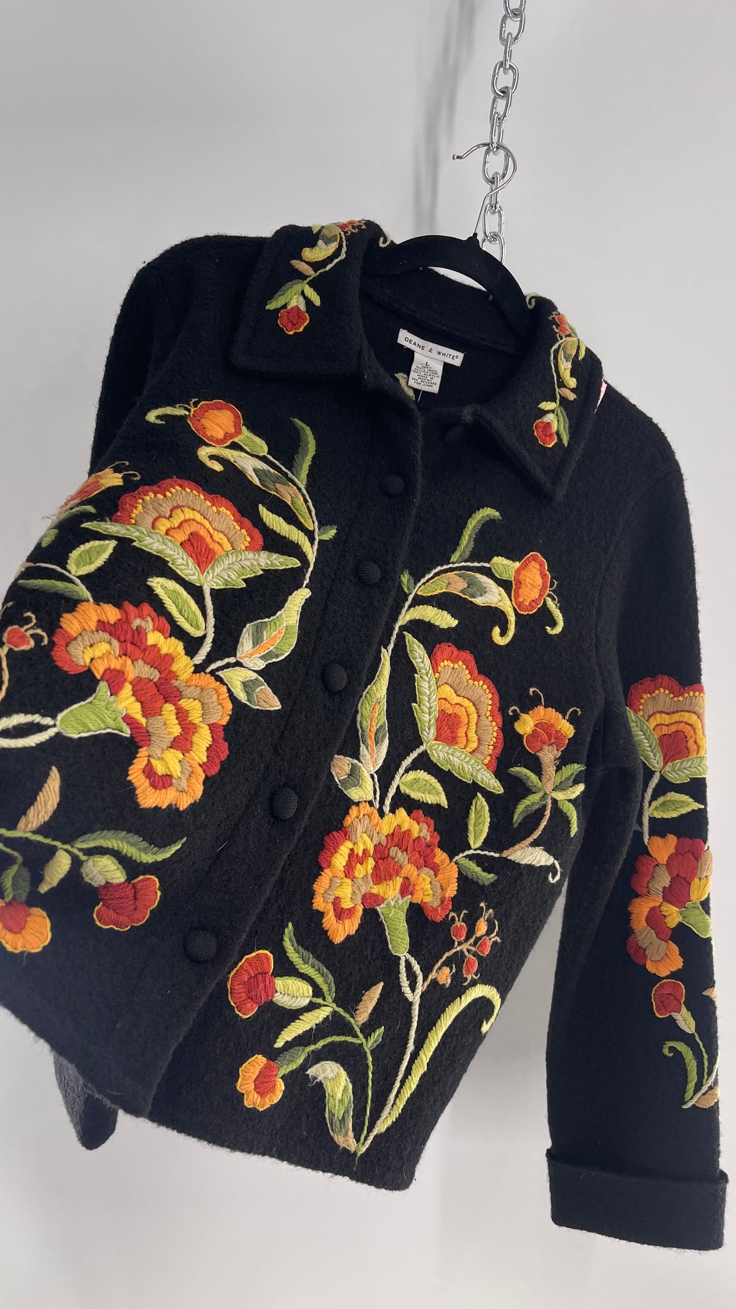 Deane & White Black 100% Wool Orange and Yellow Embroidered Flower Cardigan Jacket (Large)