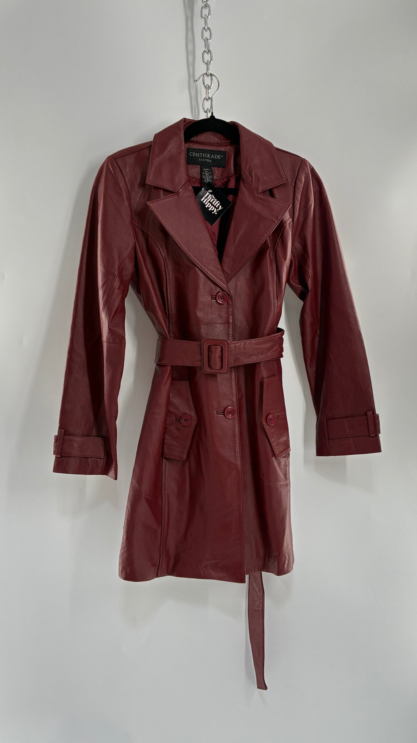 Vintage 1990s CENTIGRADE Red Crimson Genuine Leather Trench Coat (Small)