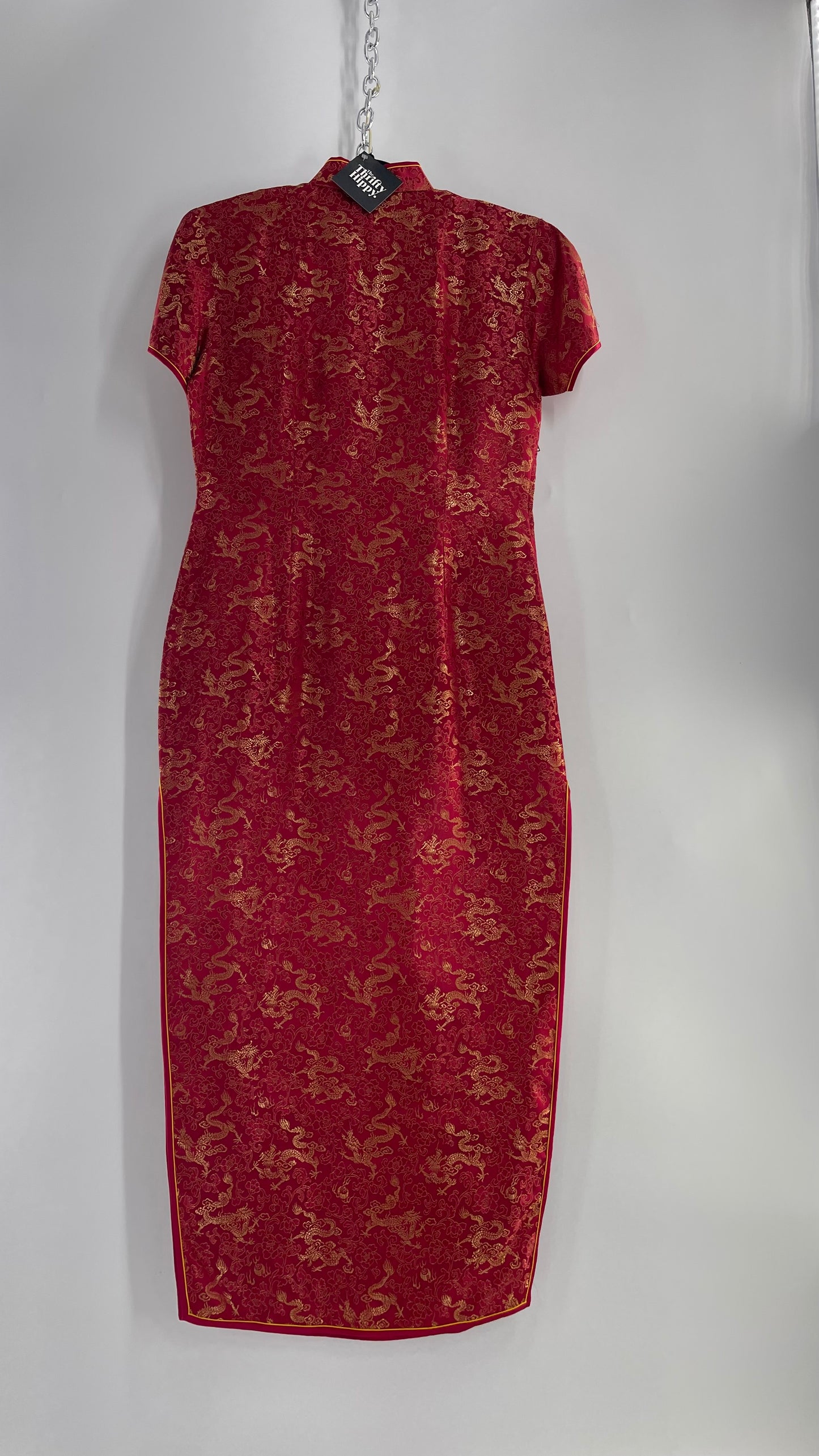 Vintage 1980s Chinese Red Silk Dragon Motif Printed/Embroidered Qipao (XL)