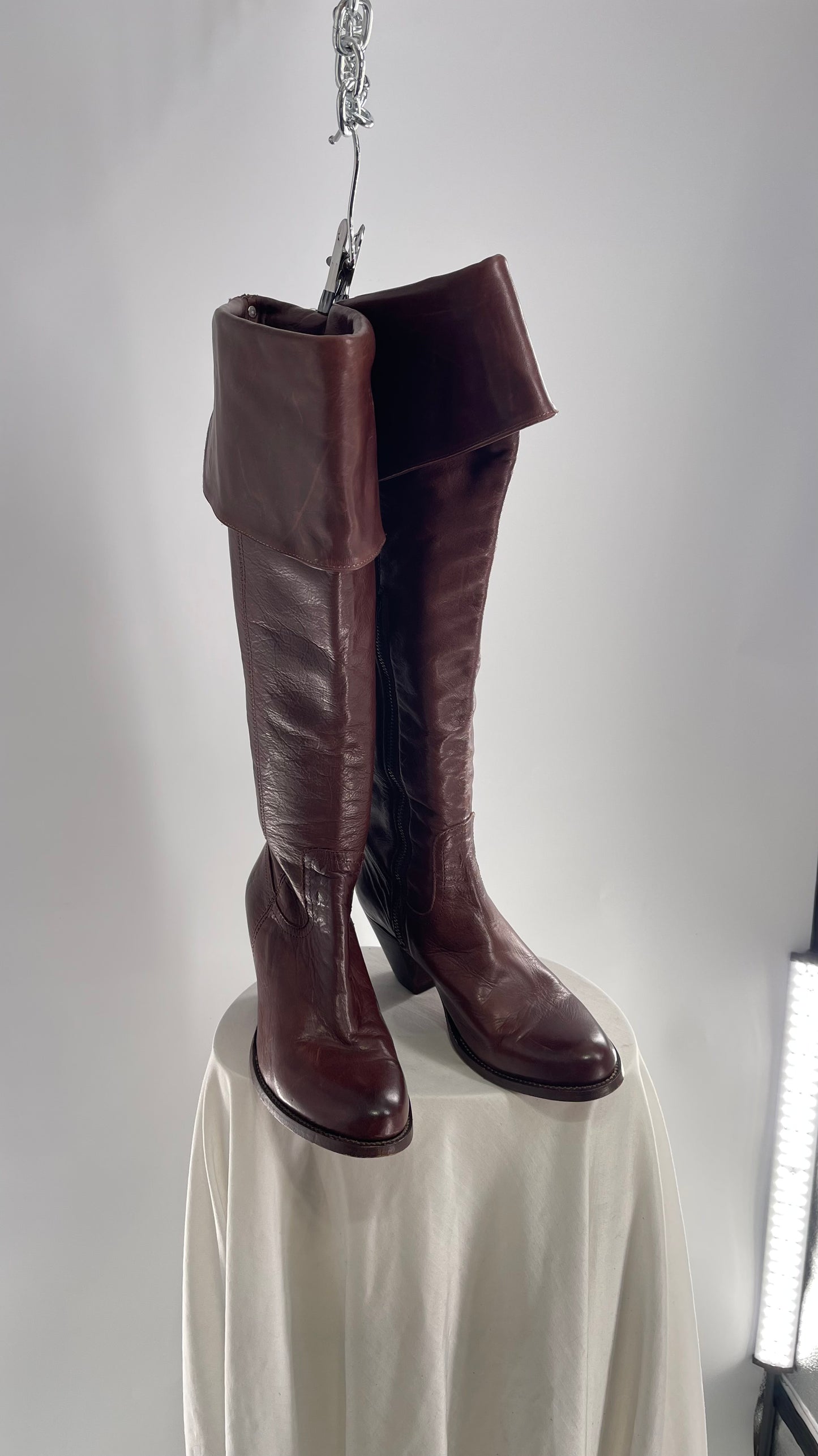 Vintage FRYE Brown Leather Fold Over Thigh High Round Toe Boots (8)