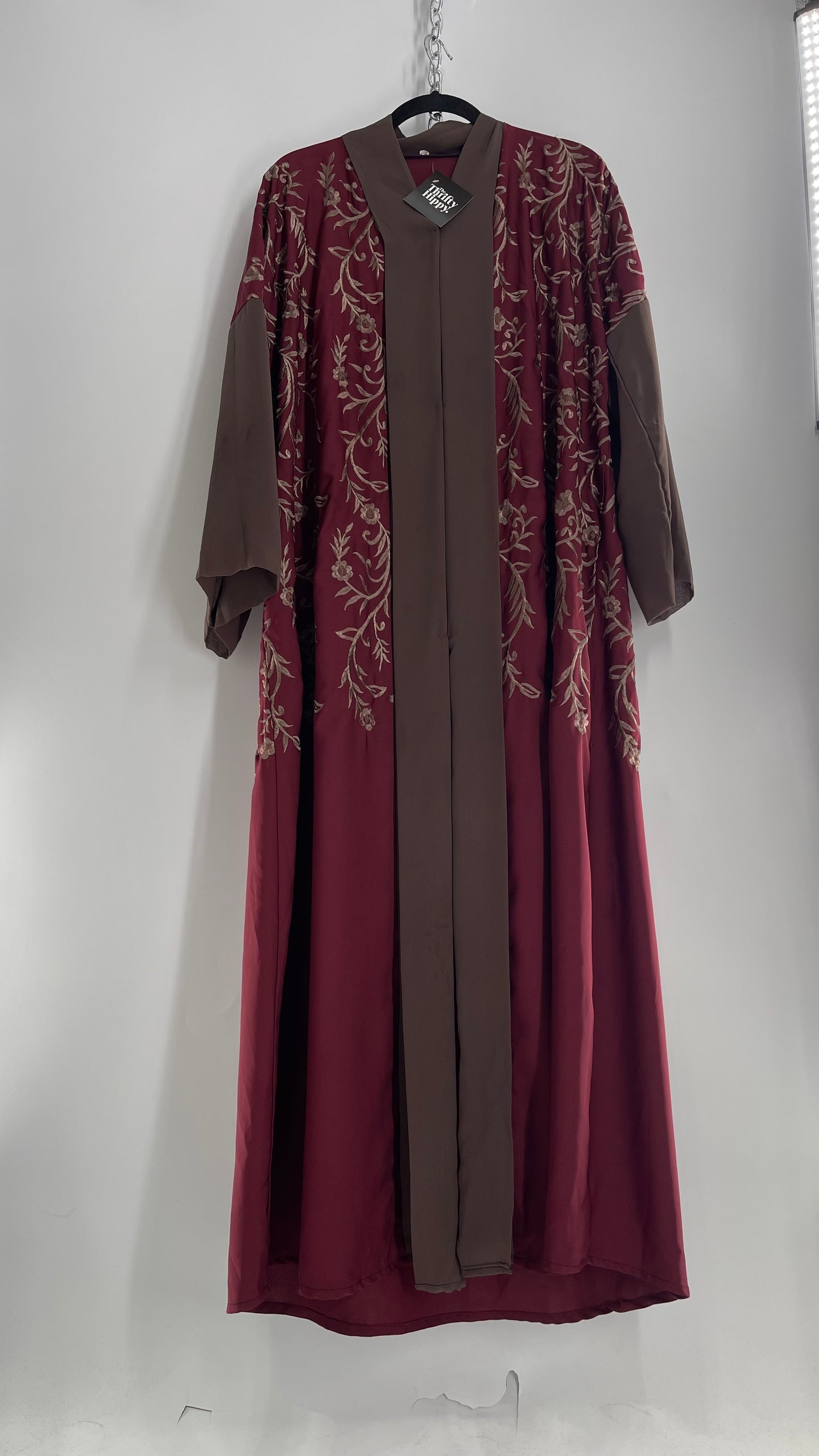 Vintage Embroidered Burgundy Sweeping Duster Coat/Cape with Tan Embroidery