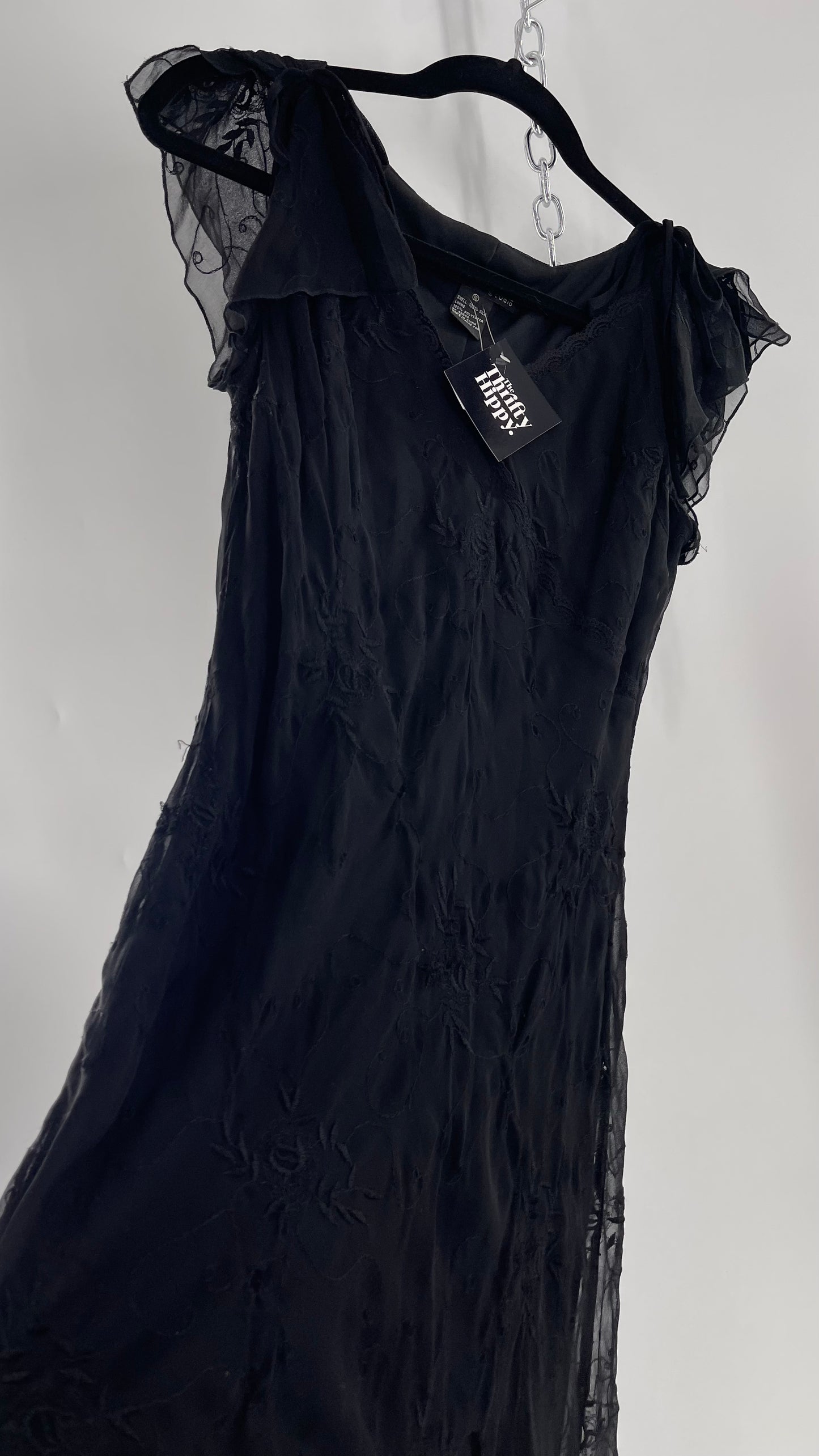 Vintage Jonathan Martin 100% Silk Black Embroidered MIDI Dress with Tie Shoulder Detail (10)