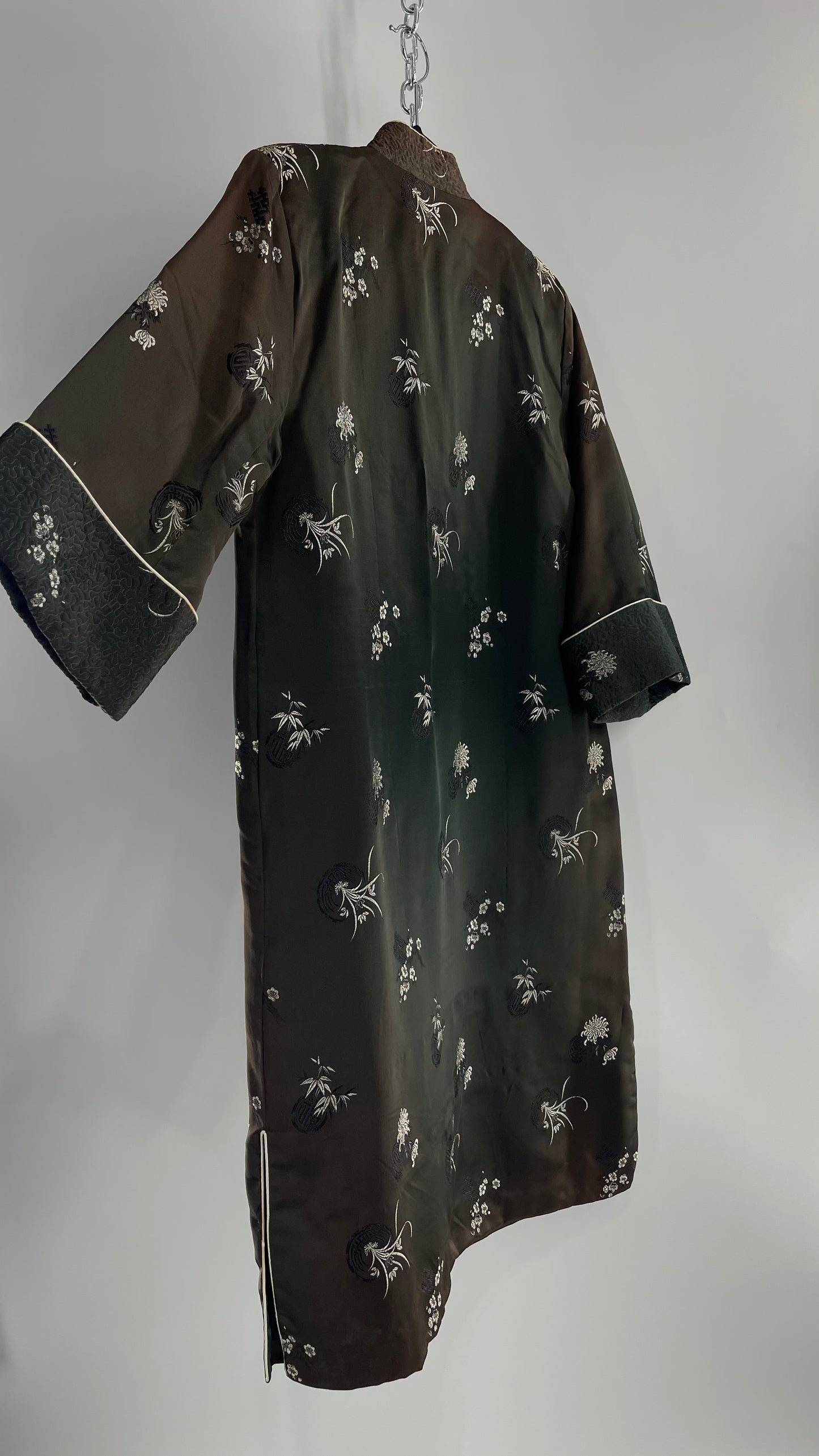 Vintage Hong Kong, Hand Made, Dark Green Silk Kimono Coat/Smoking Jacket (38)