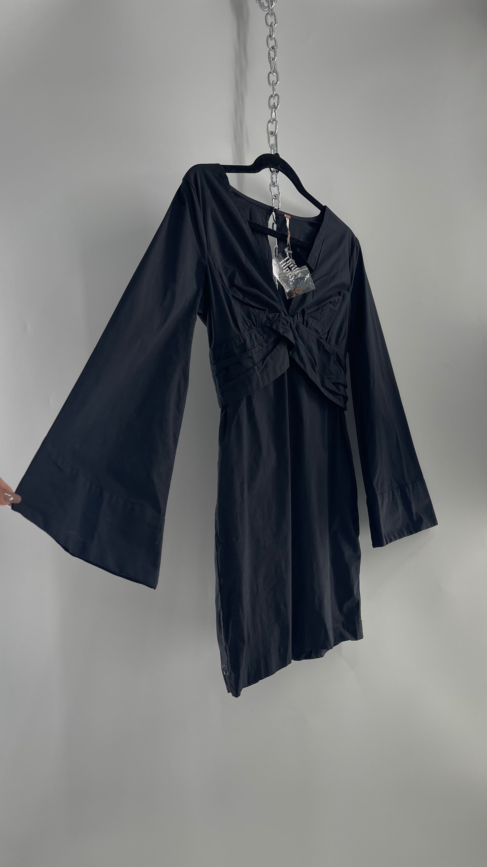 Free People Black Bell Sleeve Mini Dress with Button Detail Back and S – The Thrifty Hippy