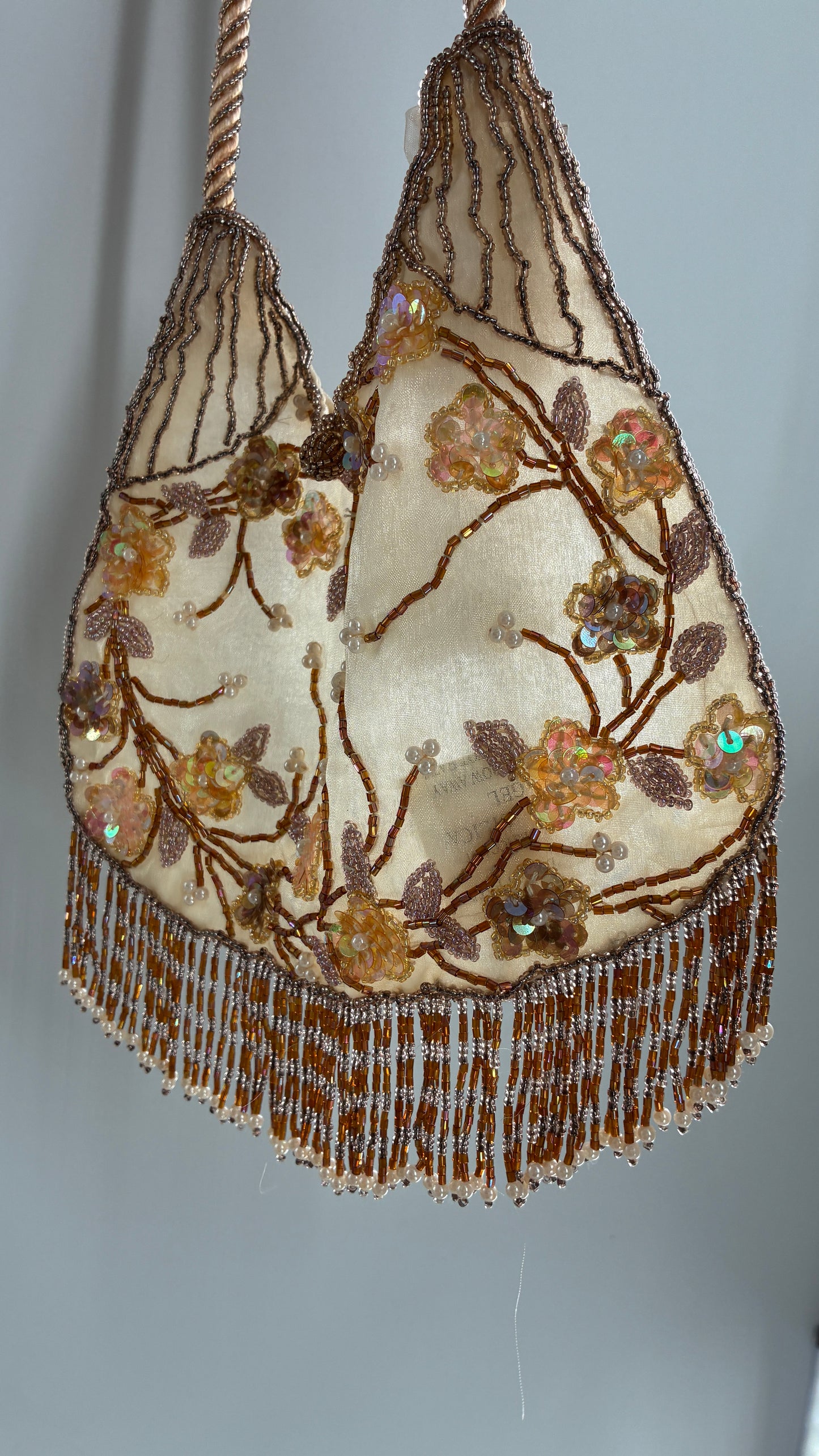 Vintage Deadstock Beige Beaded Fringe Purse with Embroidered Beaded Florals