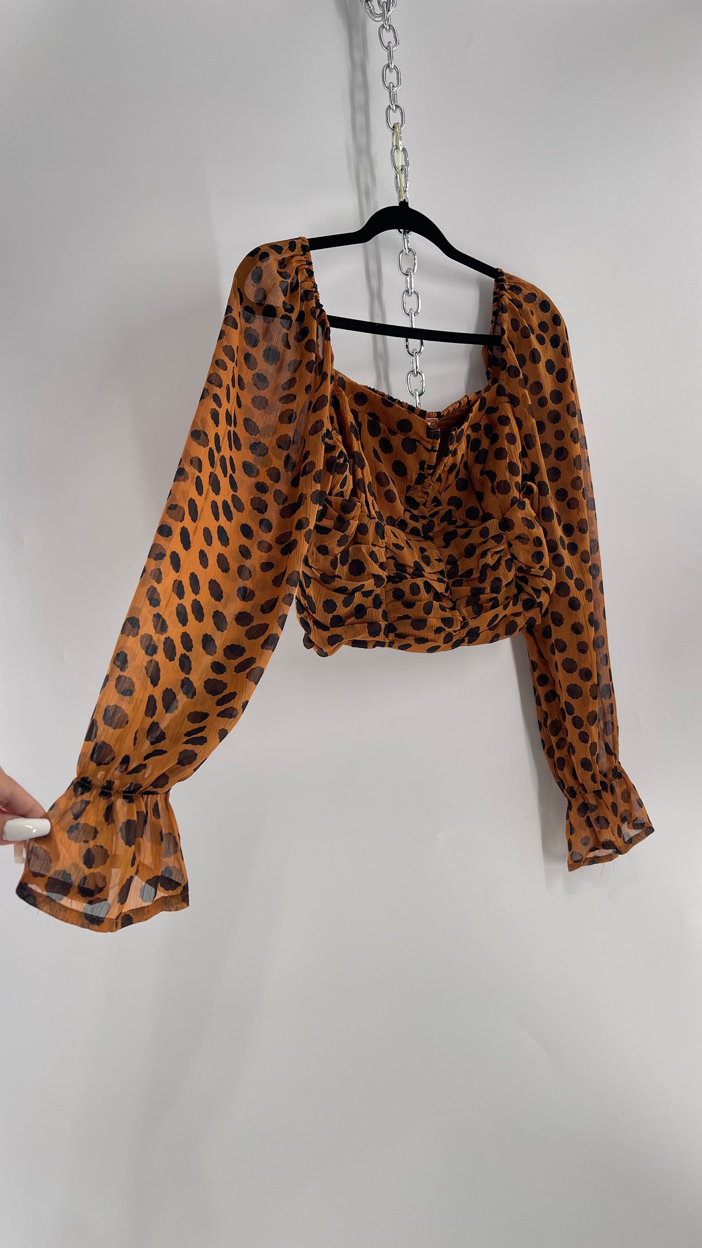 Free People Brown Black Animal Print Blouse with Ruched Bodice and Tags Attached (Large)