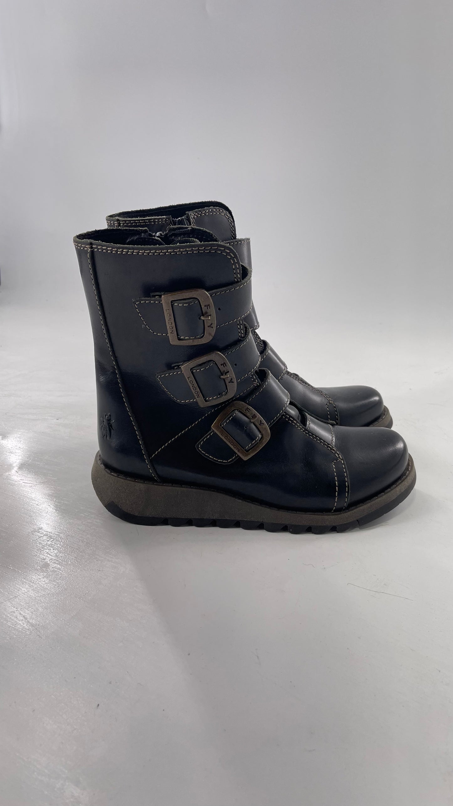 Fly London Black Zipper Side Biker Boot with Oversized Brass Buckles (38)