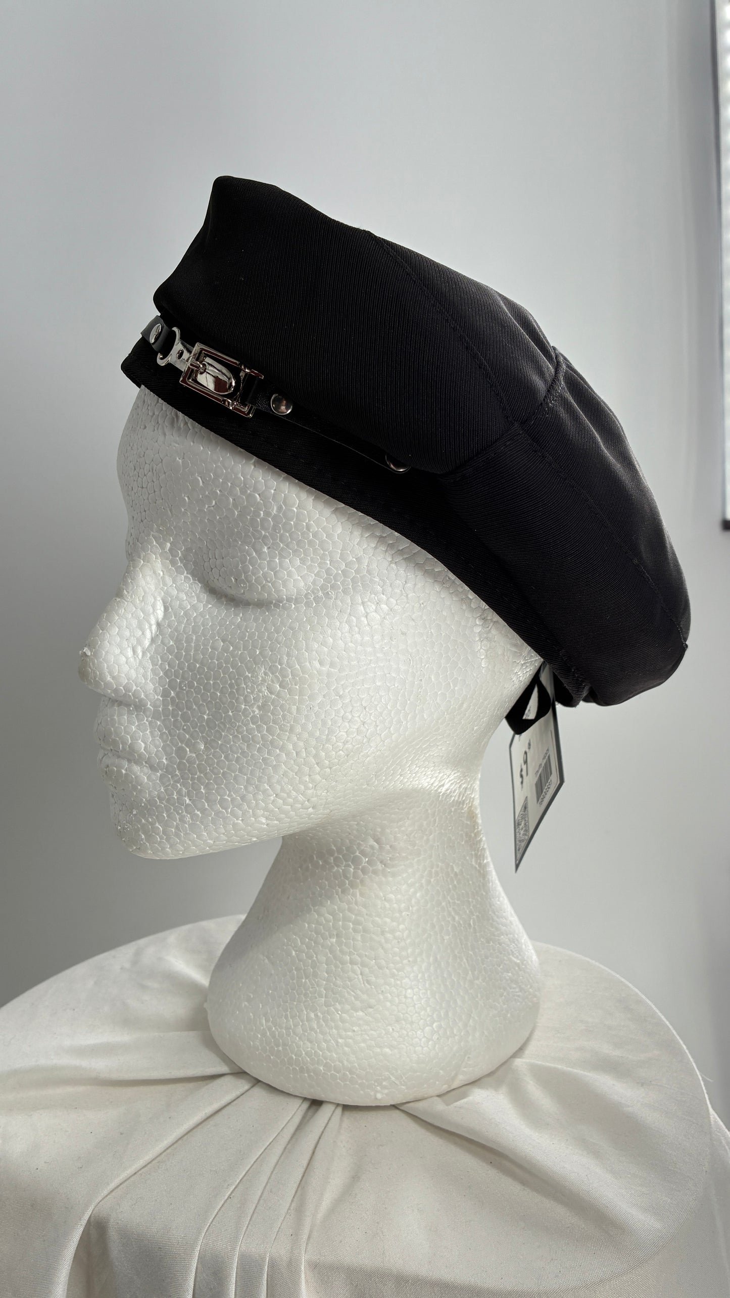 Black Beret with Vegan Leather Strap with Silver Metal Hardware