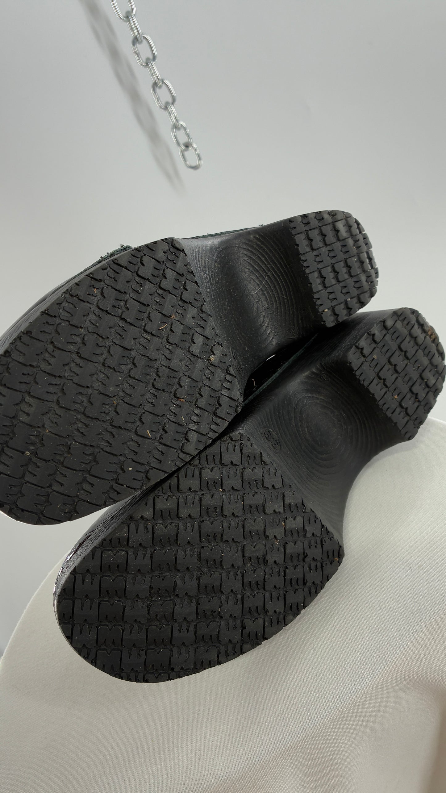 Vintage 1970s TROENTORPS Black Patent Leather Clogs with Ribbon Tie Detail (38)