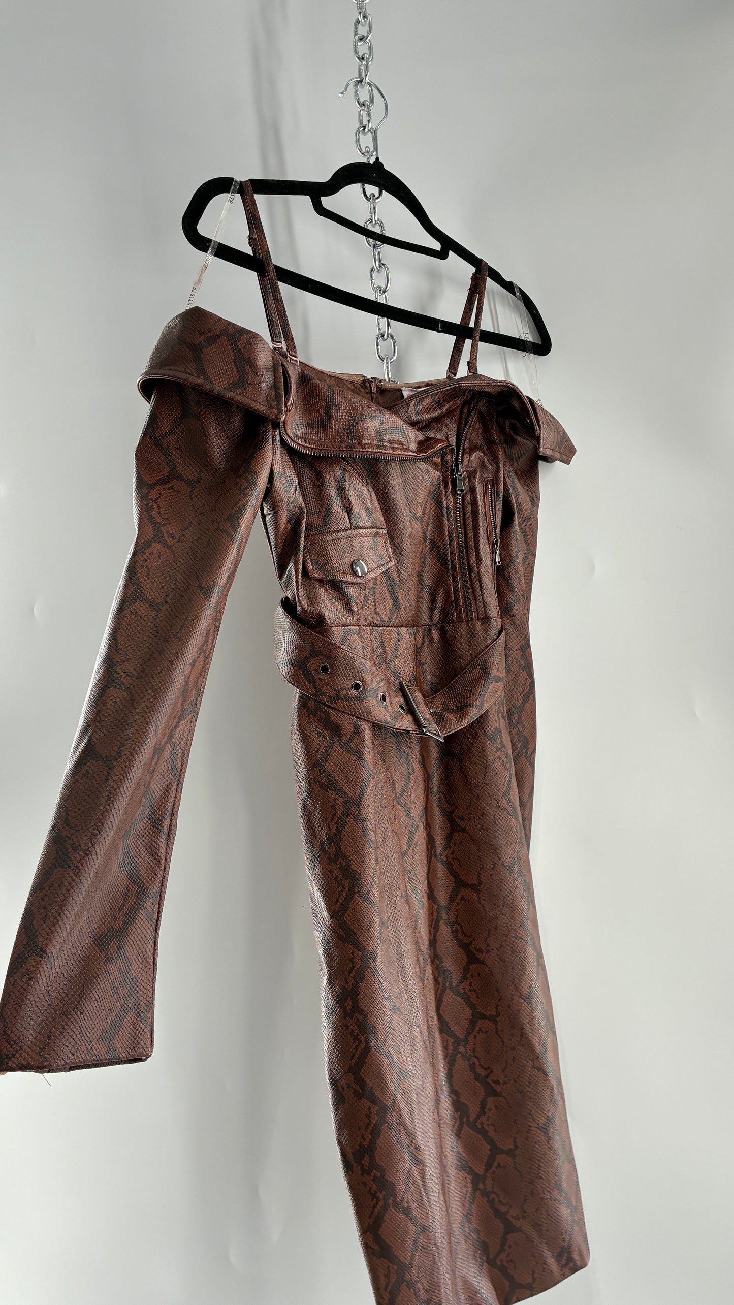 L’ATISTE Snakeskin Vegan Leather Moto Off the Shoulder, Knee High Dress (Medium)