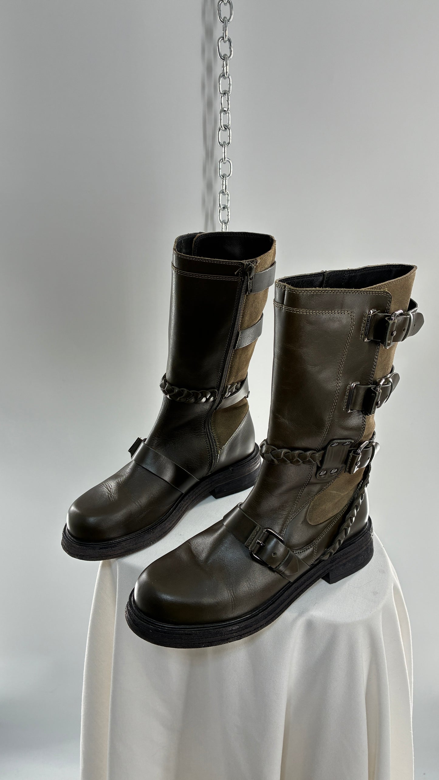 Free People Billie Olive Green Moto Boots with Buckle Closure (7)